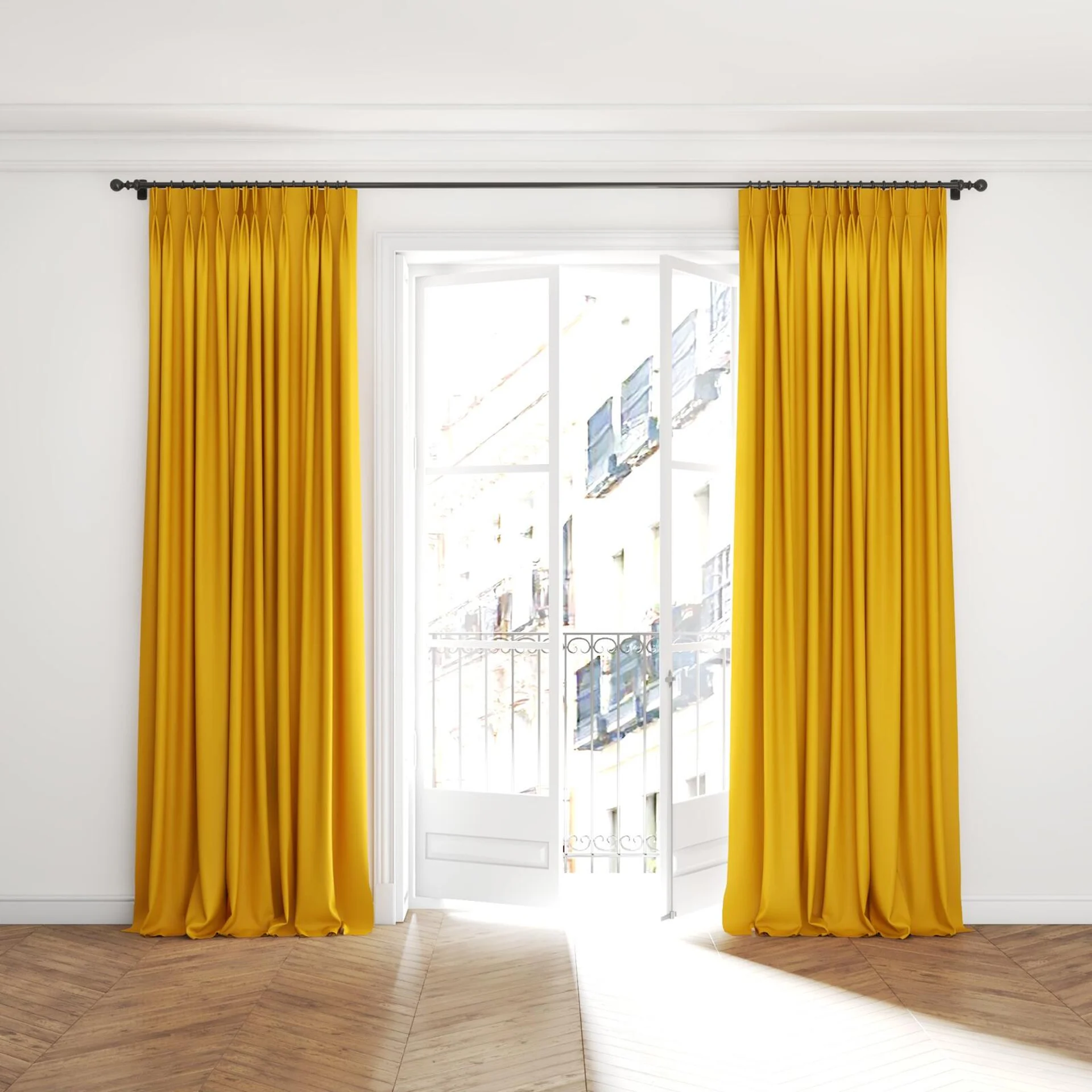 Full view of Ultra Dim Honey, puddled with pinch pleat, on curtain rod