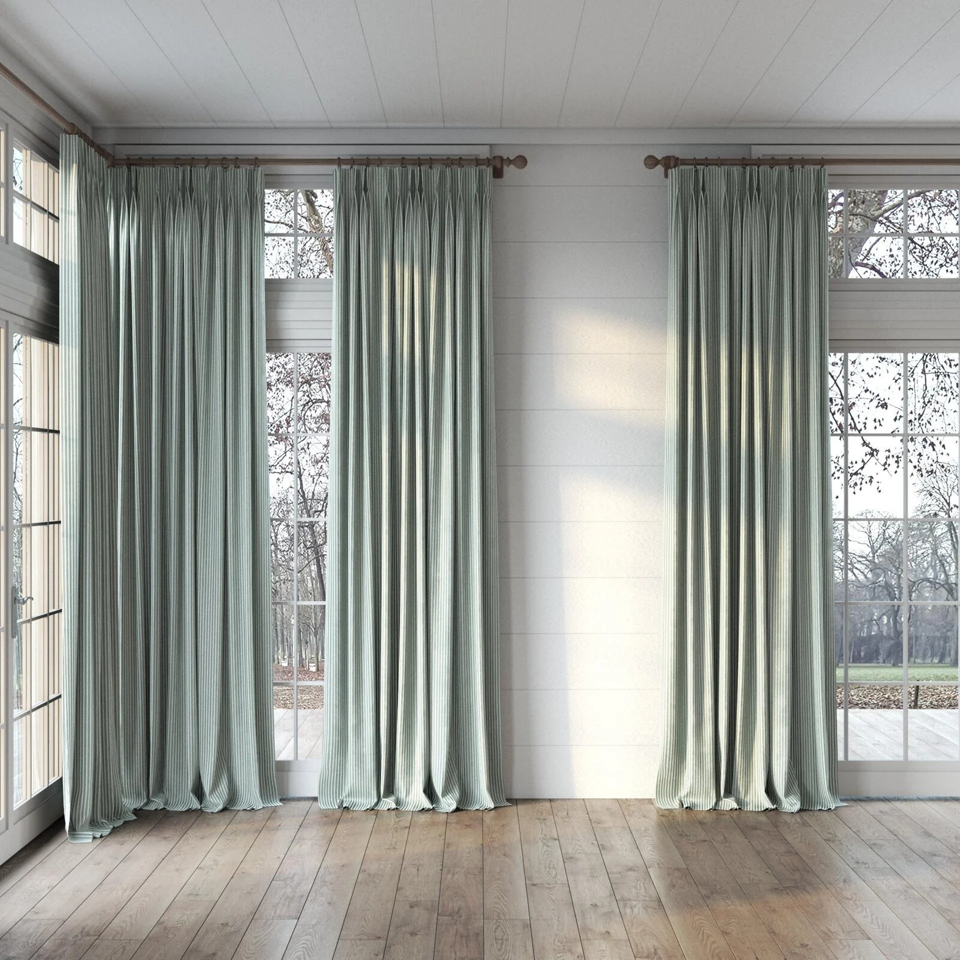 Full view of Embrace Mint, puddled, on curtain rod