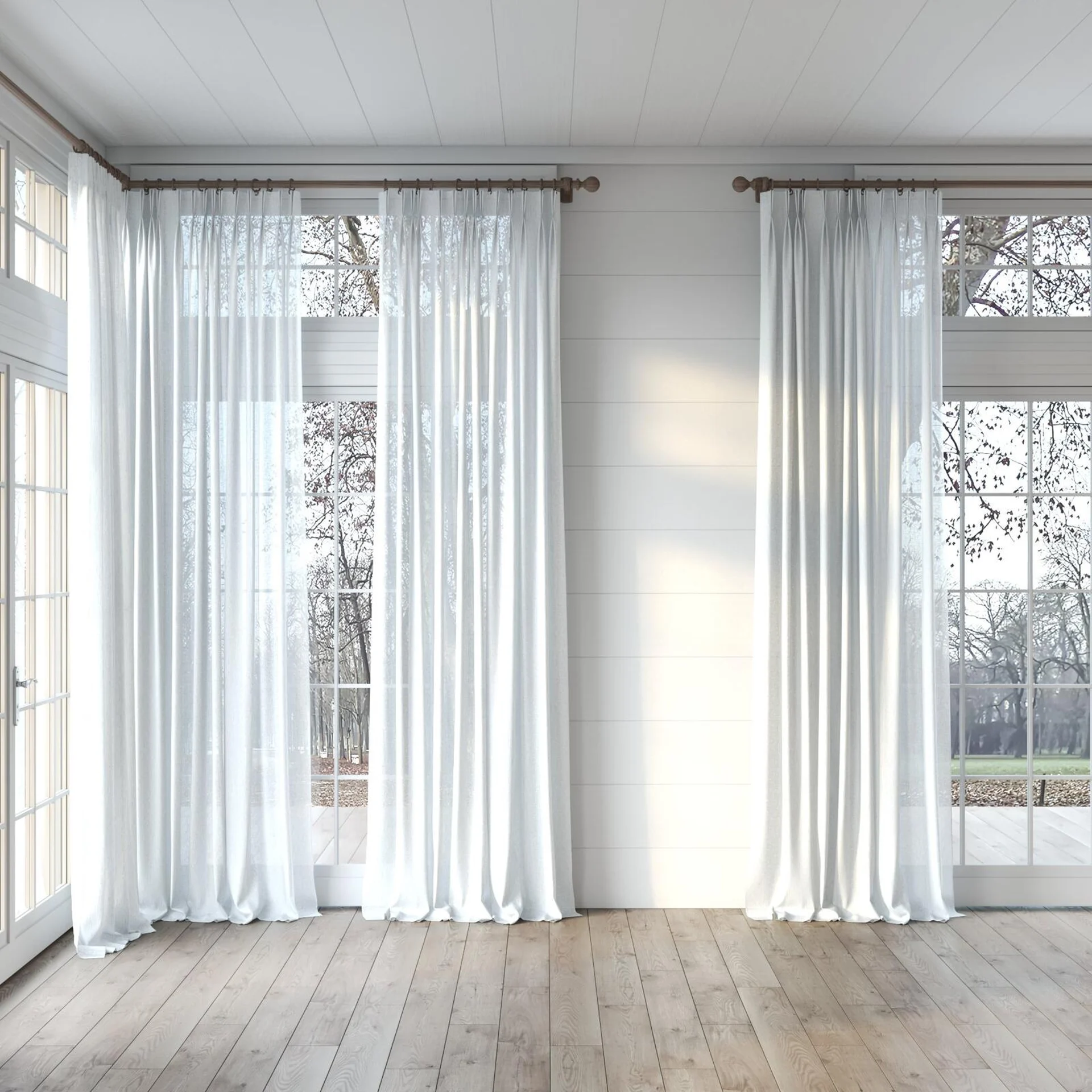 Full view of Shoji Mist 415, puddled, on curtain rod