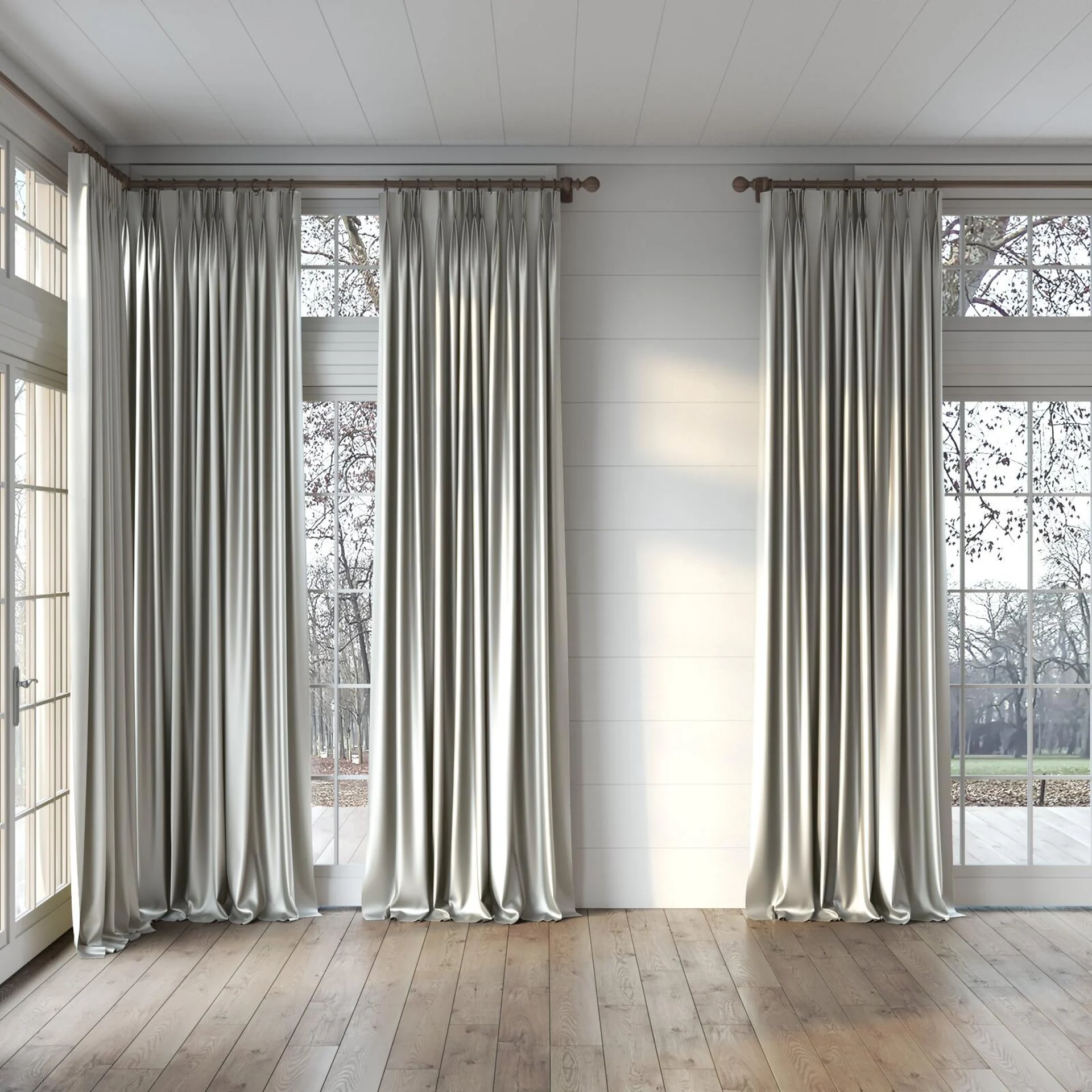 Full view of North Face Oyster, puddled, on curtain rod