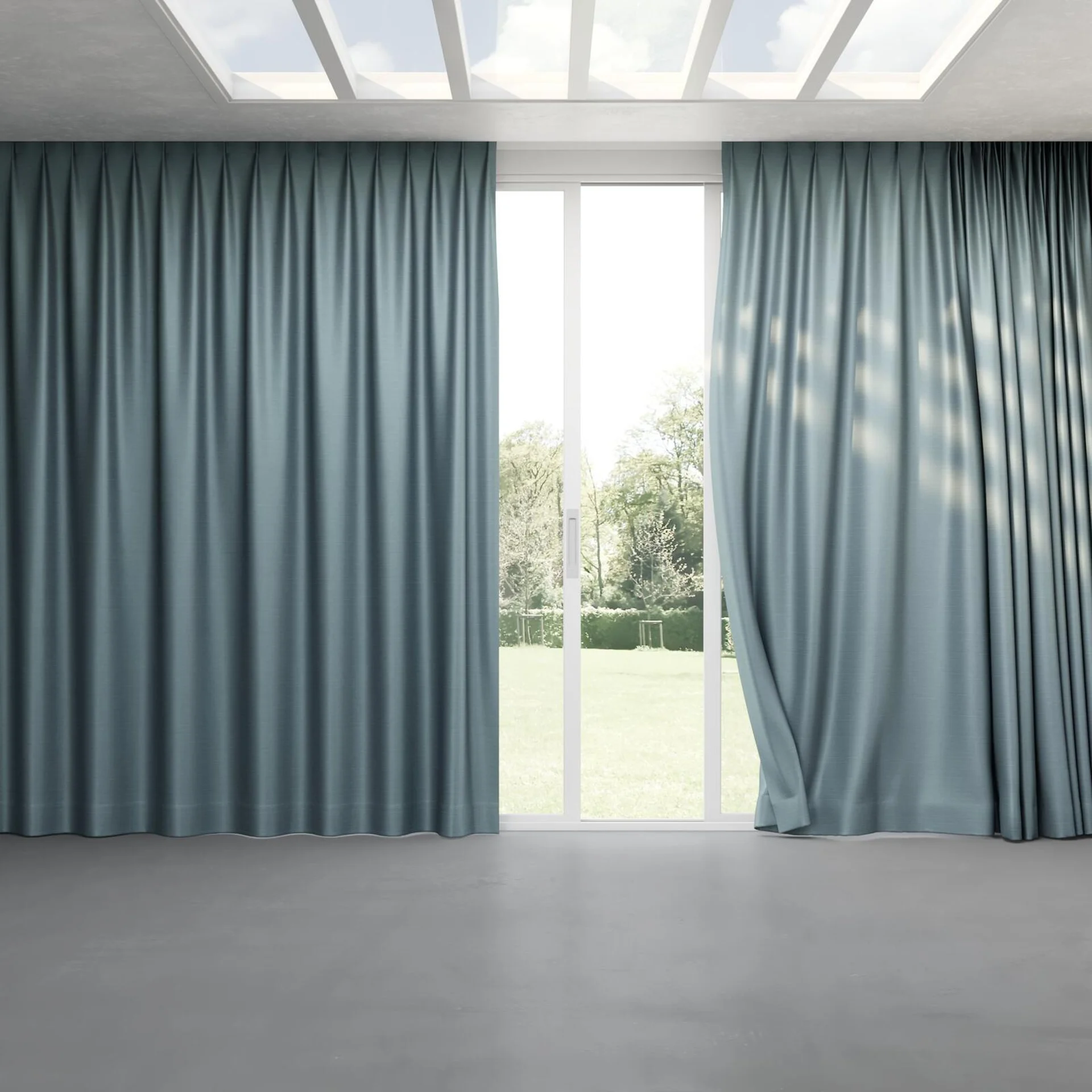 Full view of Silky Cloud, pinch pleat