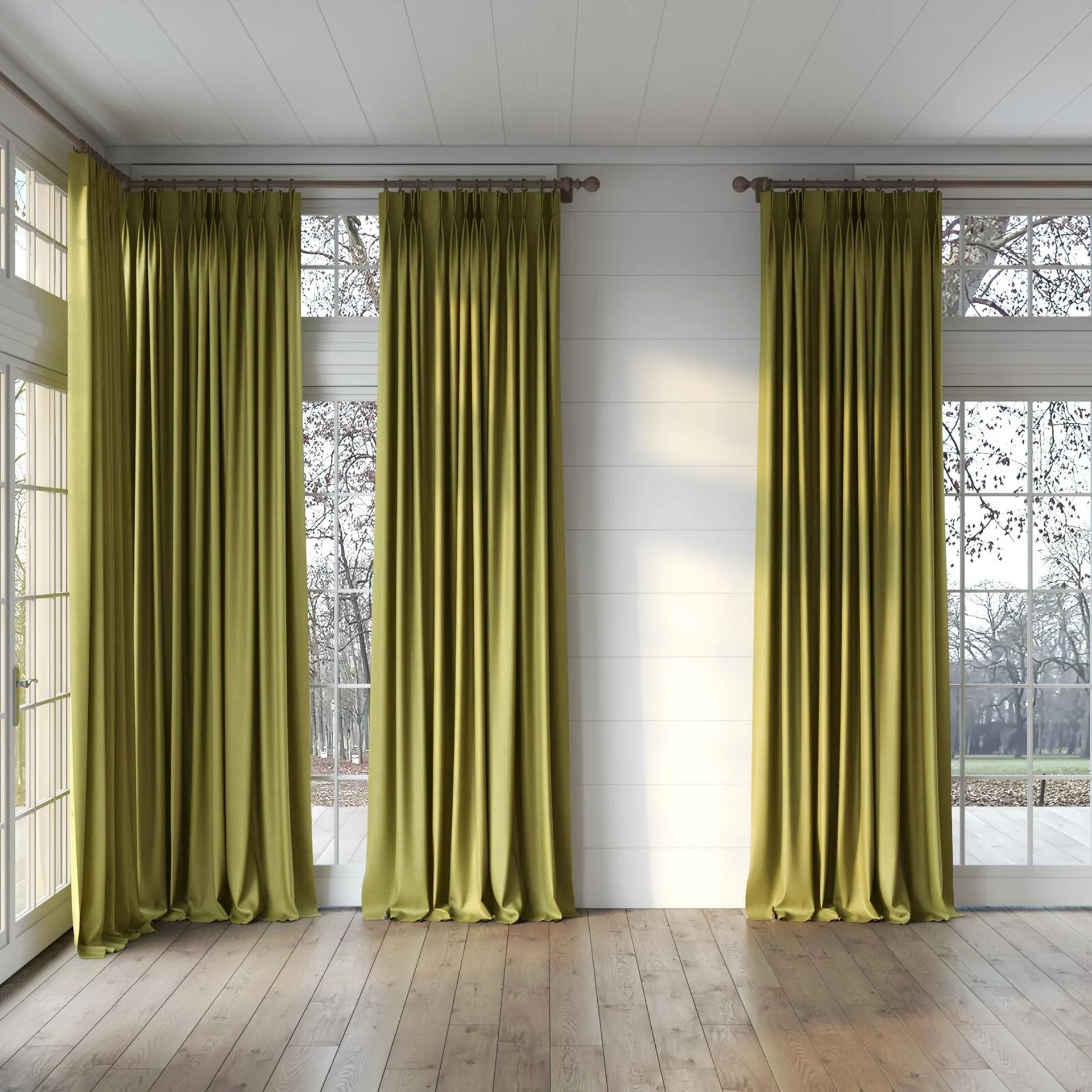 Full view of Bronco Moss, puddled, on curtain rod