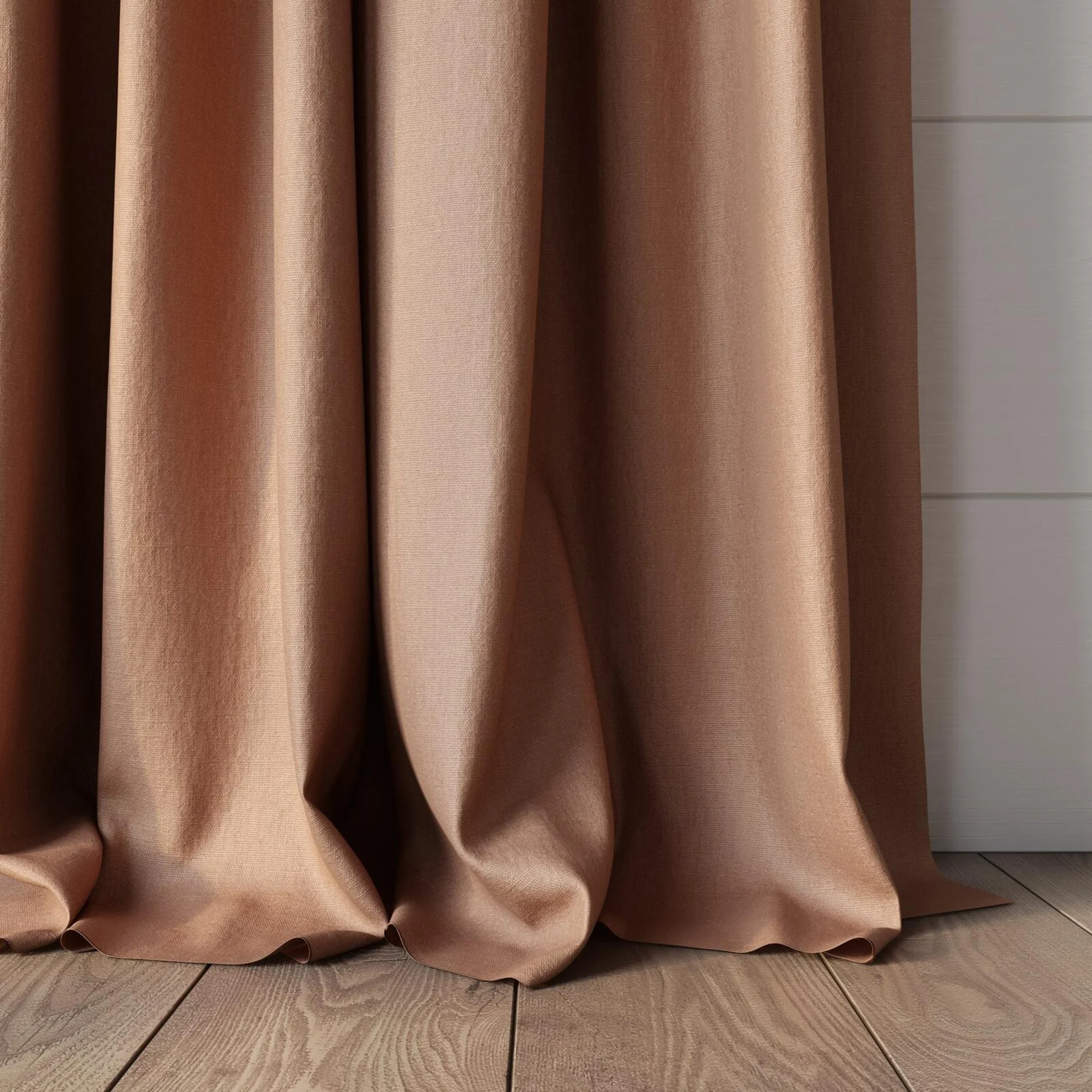 Bottom view of Eternal Blush, puddled, on curtain rod