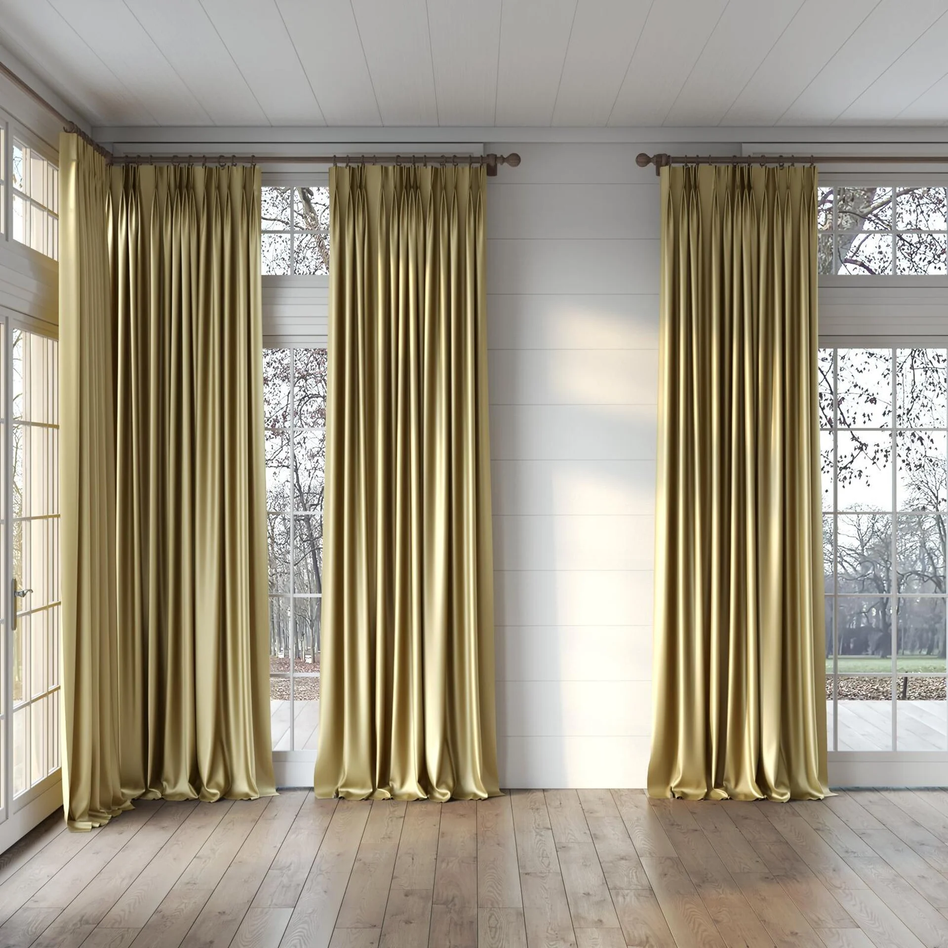 Full view of Moonbeam Biscotti, puddled, on curtain rod