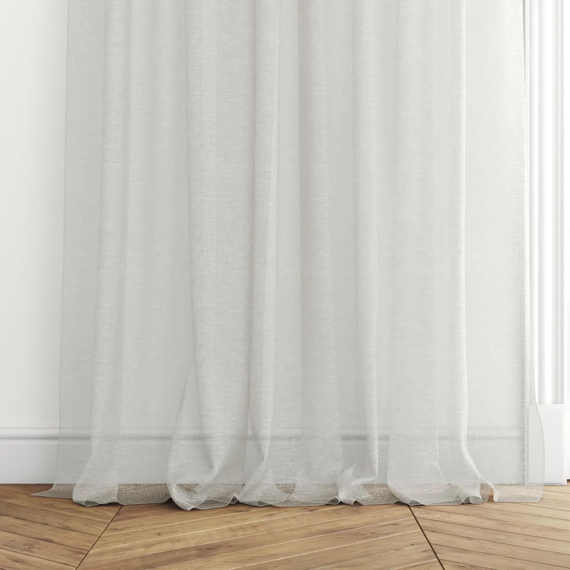 Bottom view of Pure Linen Smoke, puddled with pinch pleat, on curtain rod