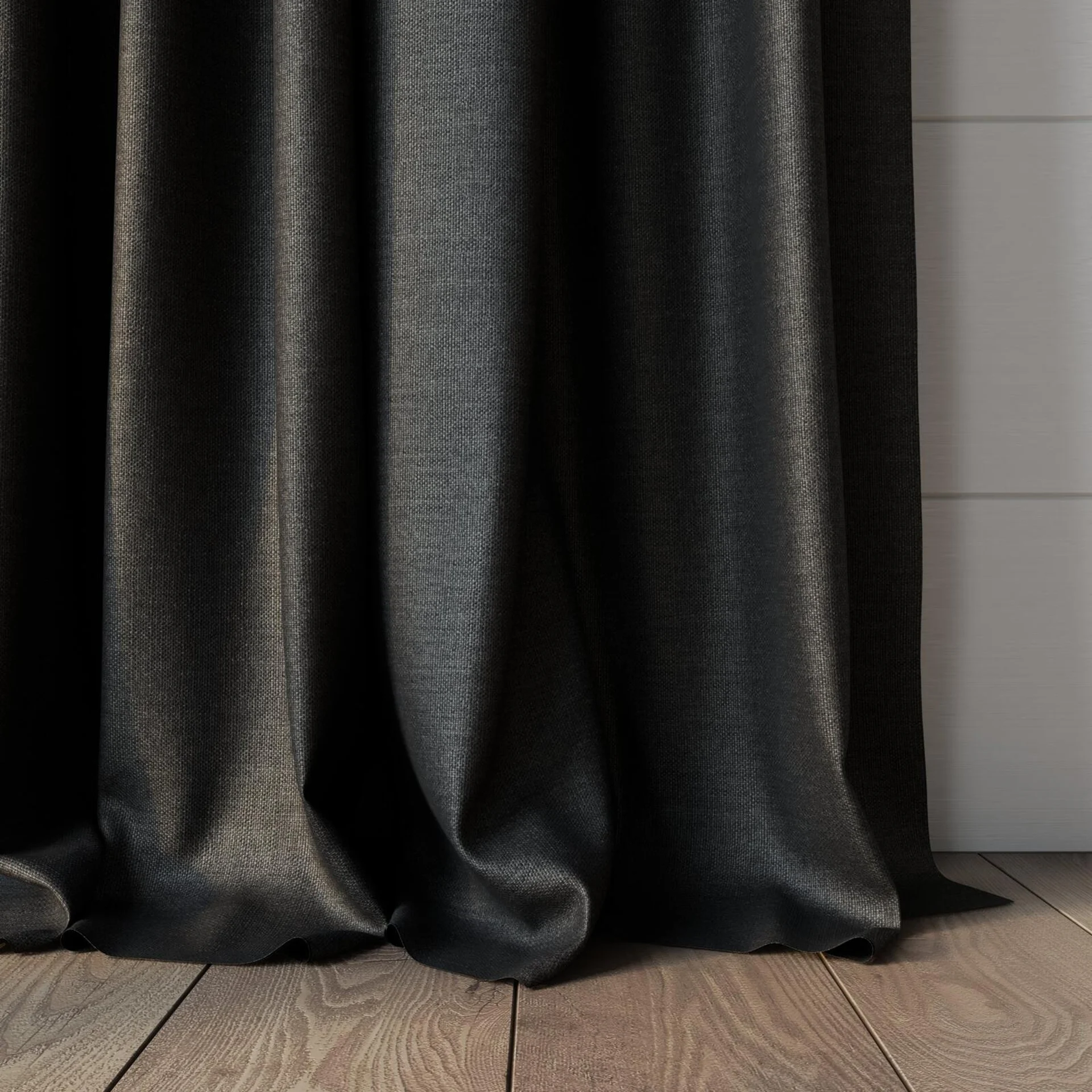 Bottom view of Linex Charcoal, puddled, on curtain rod
