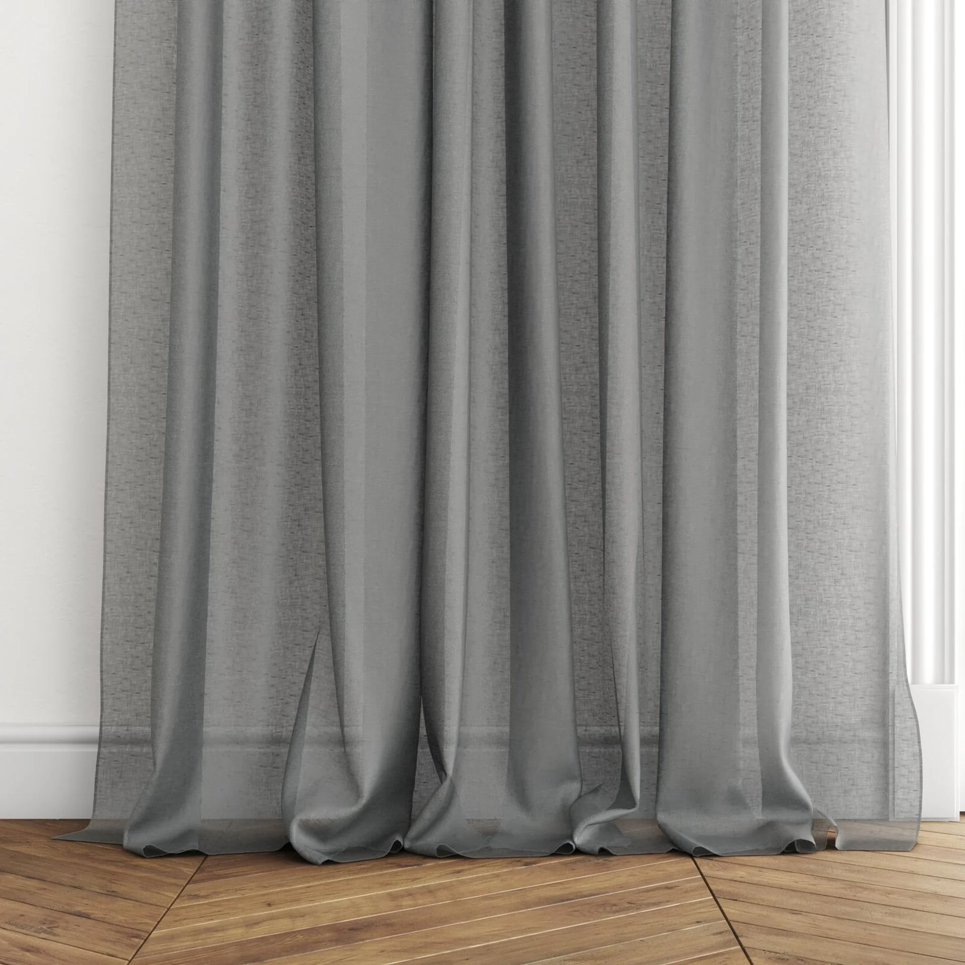 Bottom view of Kanso Stonewash Slate, puddled with pinch pleat, on curtain rod