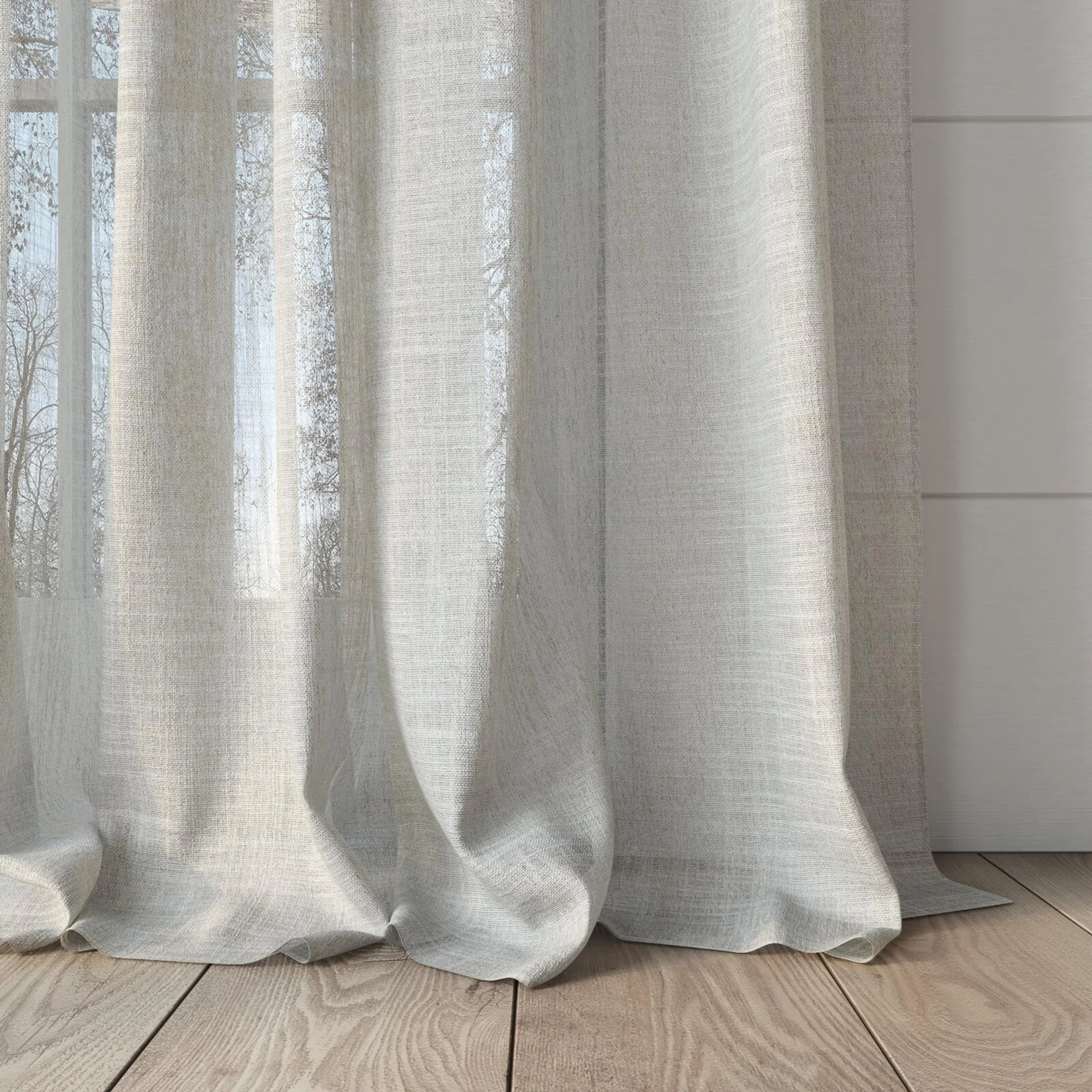 Bottom view of Occurrence Linen, puddled, on curtain rod