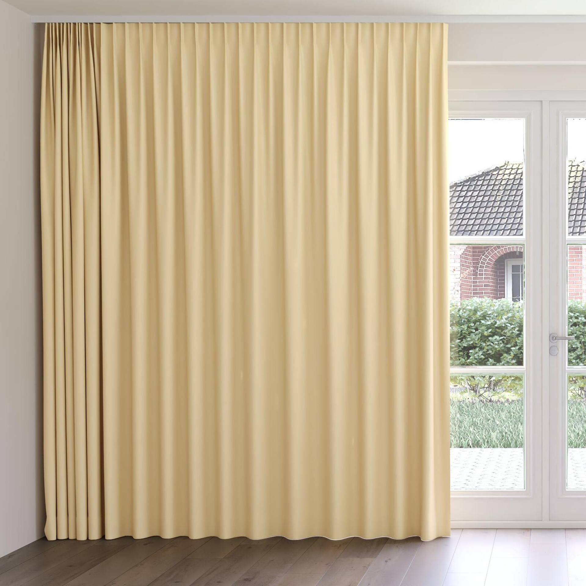 Front view of Ultra Dim Macaroon, on curtain rail