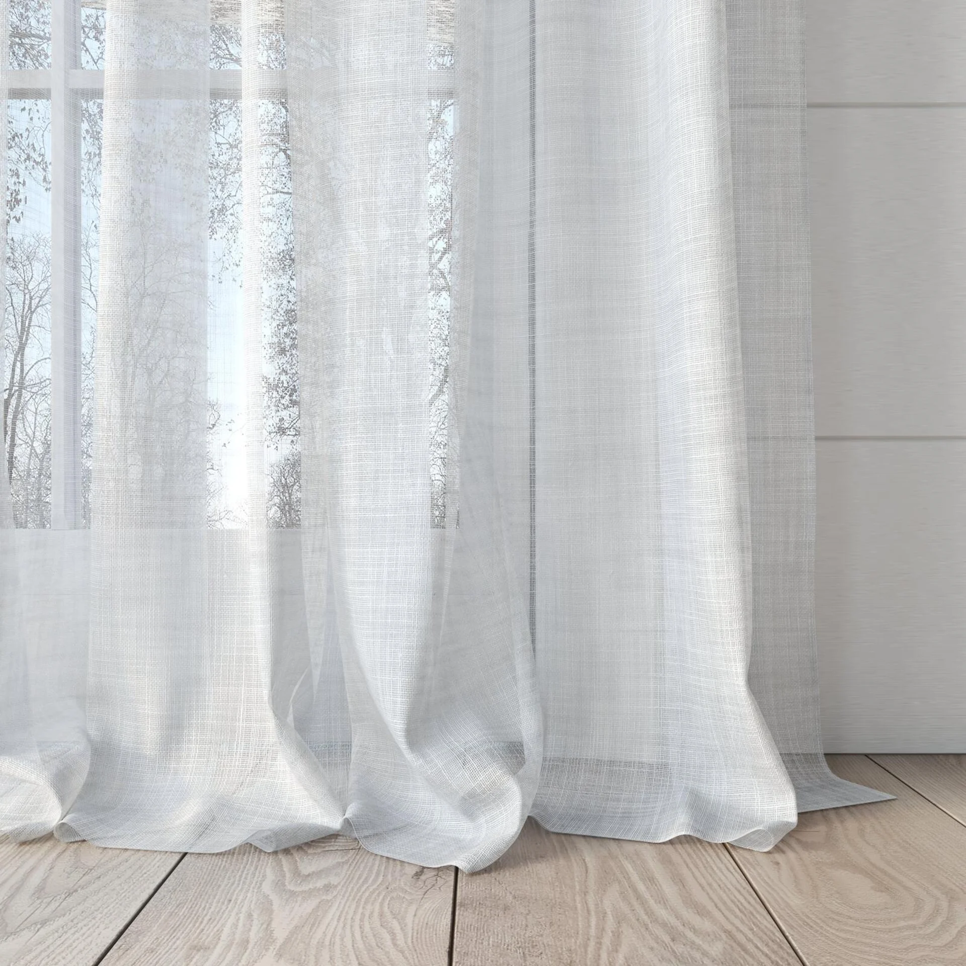 Bottom view of Coastal Blanc, puddled, on curtain rod