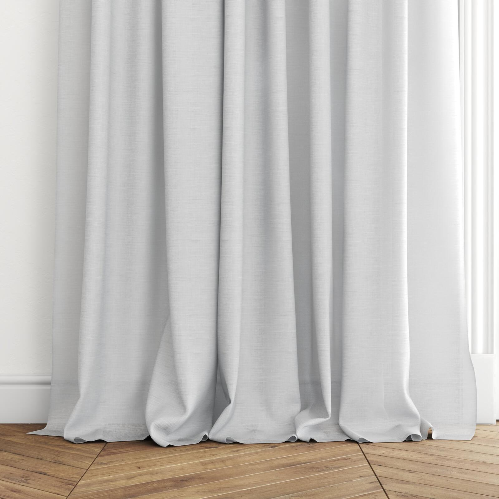Bottom view of Gossy Snow, puddled with pinch pleat, on curtain rod