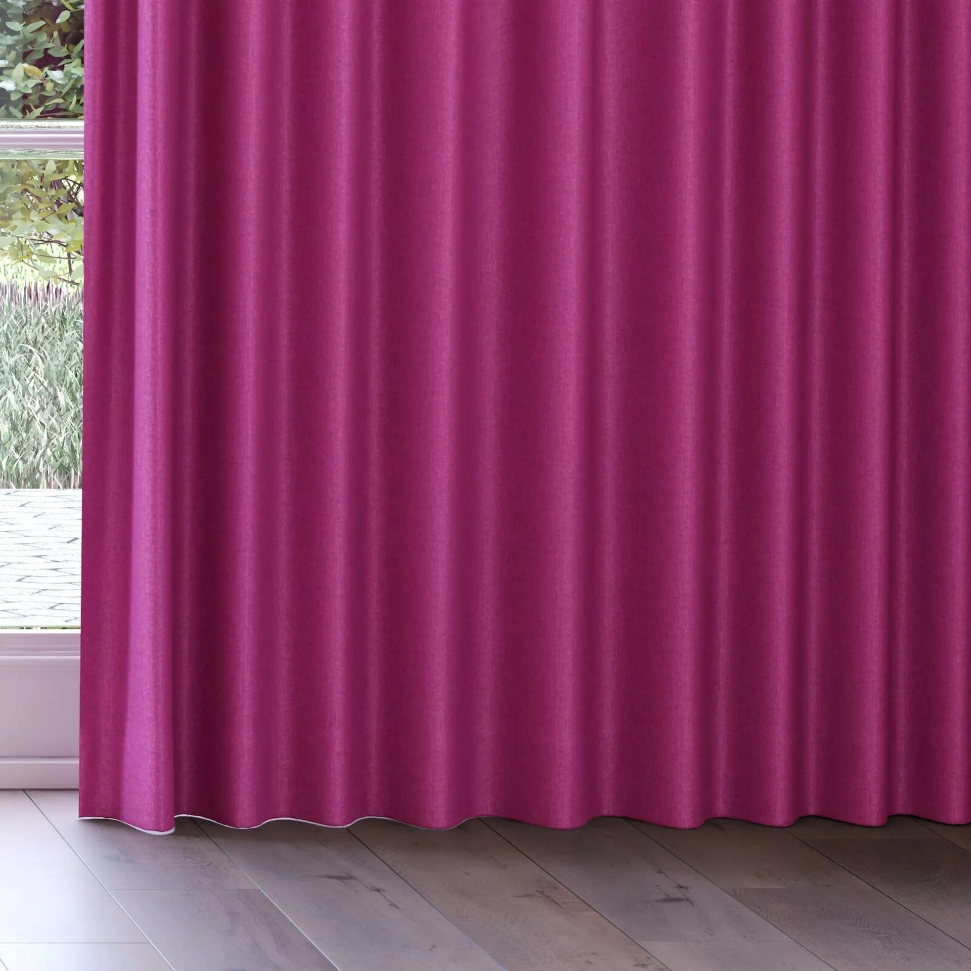 Bottom view of Cushy Fuchsia, on curtain rail