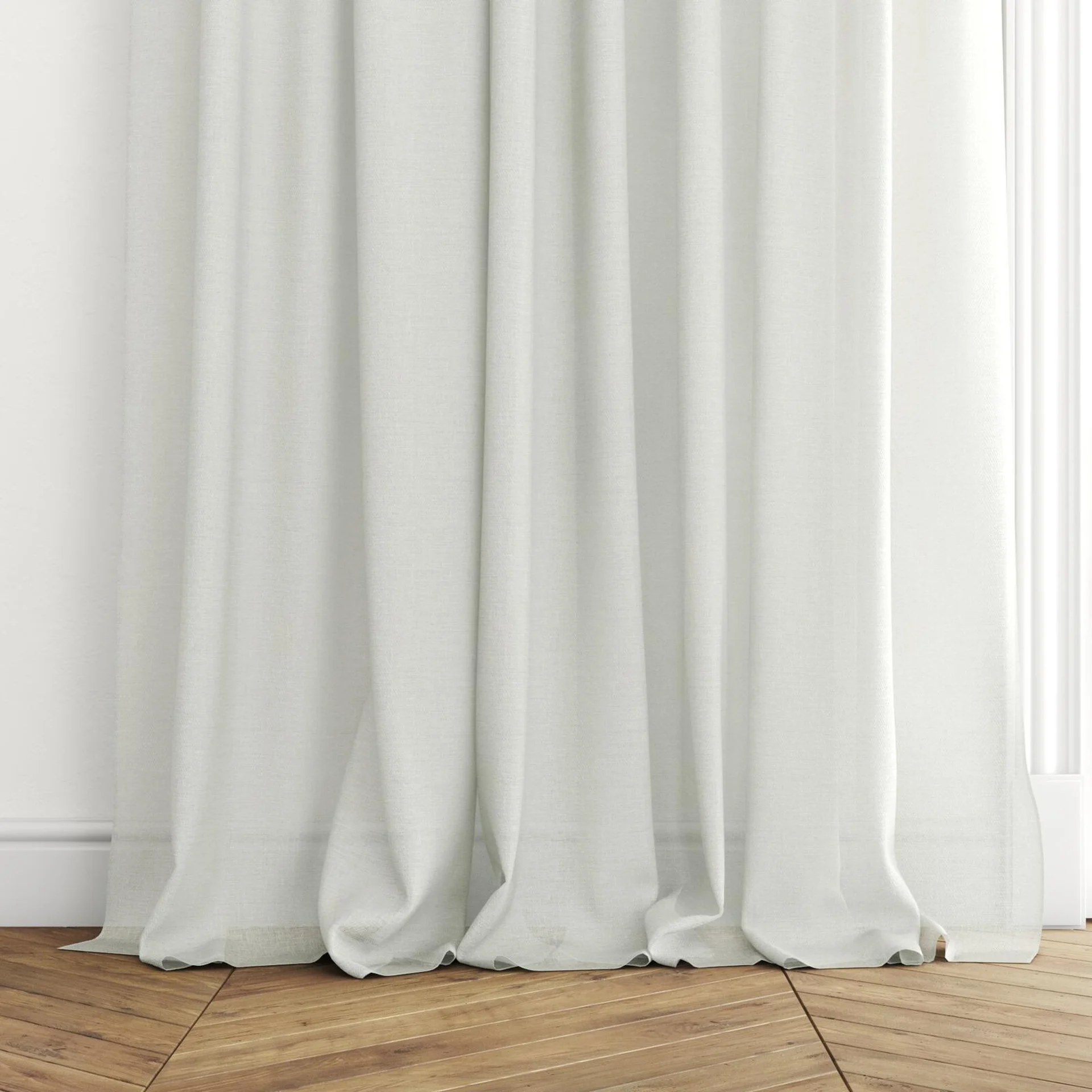 Bottom view of Mayfair Angora, puddled with pinch pleat, on curtain rod