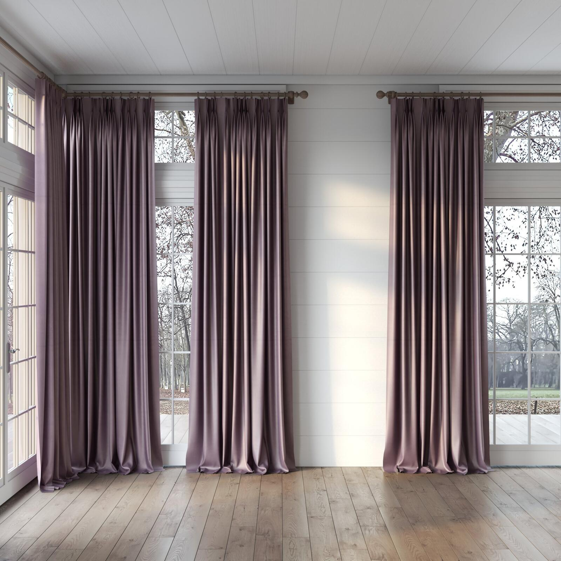 Full view of Warlock Mauve, puddled, on curtain rod