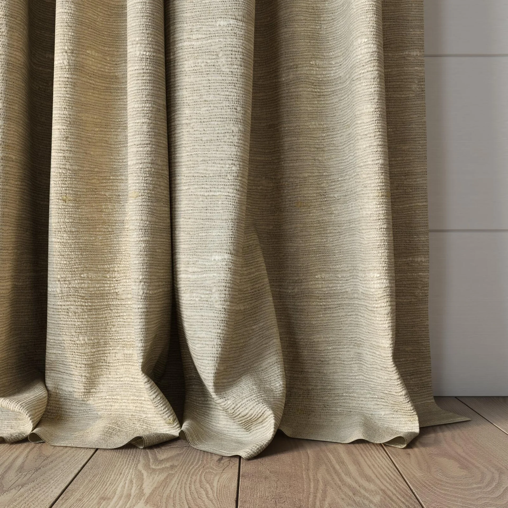 Bottom view of Tennessee Tussah Gold, puddled, on curtain rod