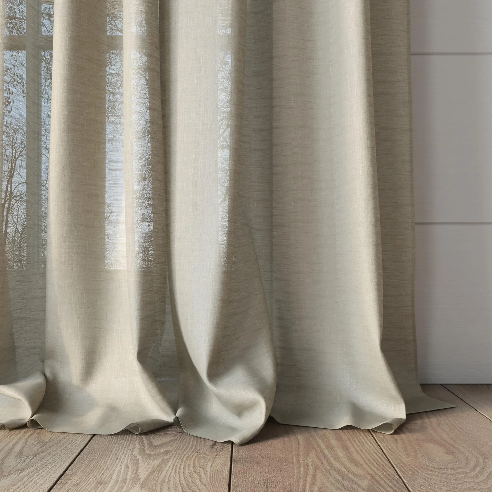 Bottom view of Kyoto Linen, puddled, on curtain rod