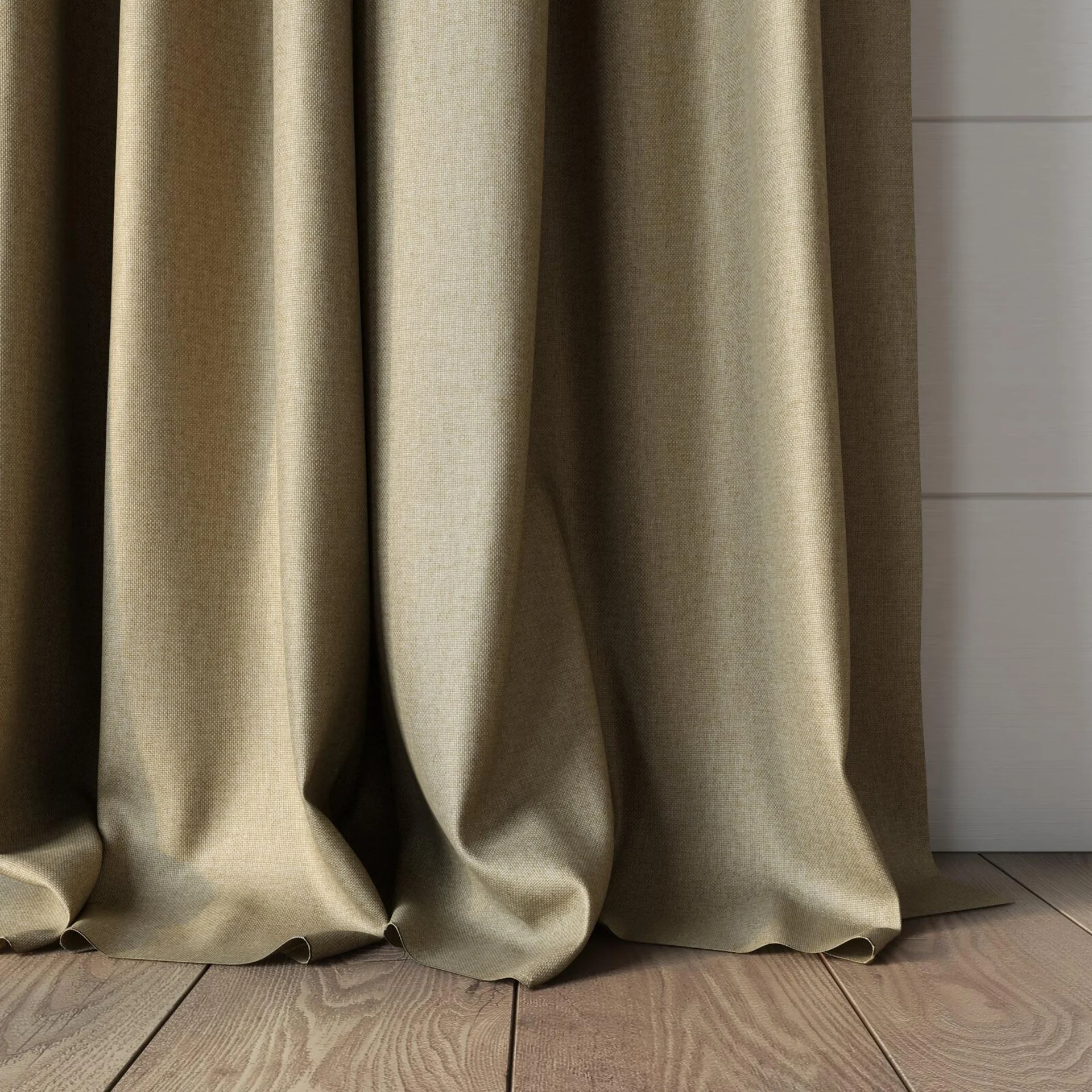 Bottom view of Grove Sand, puddled, on curtain rod