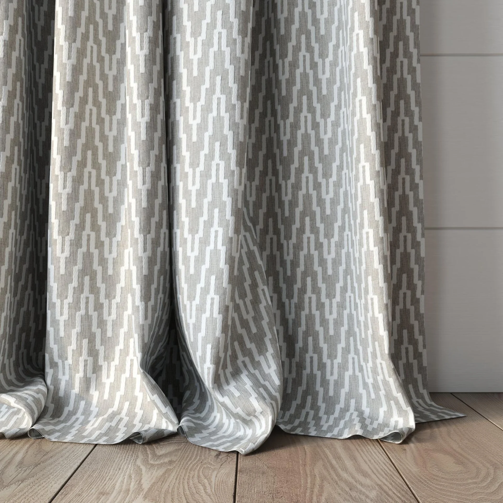 Bottom view of Running Feather, puddled, on curtain rod