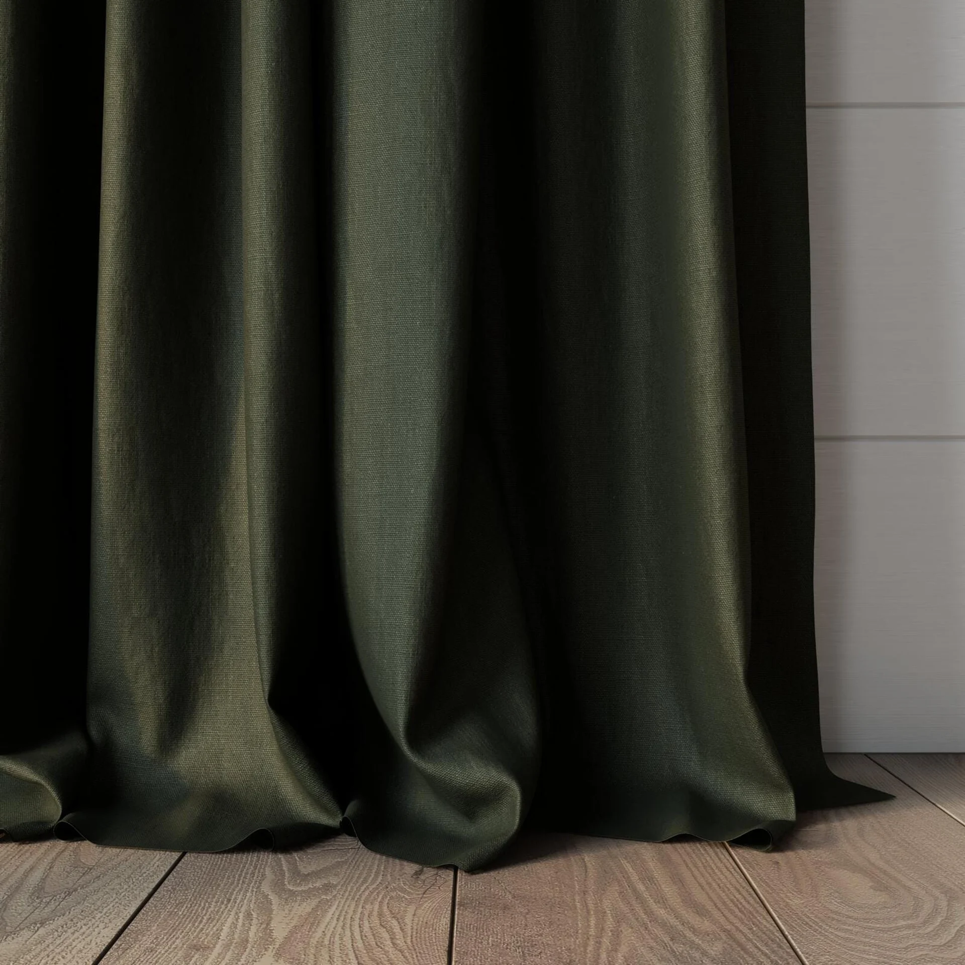 Bottom view of Eternal Forest, puddled, on curtain rod