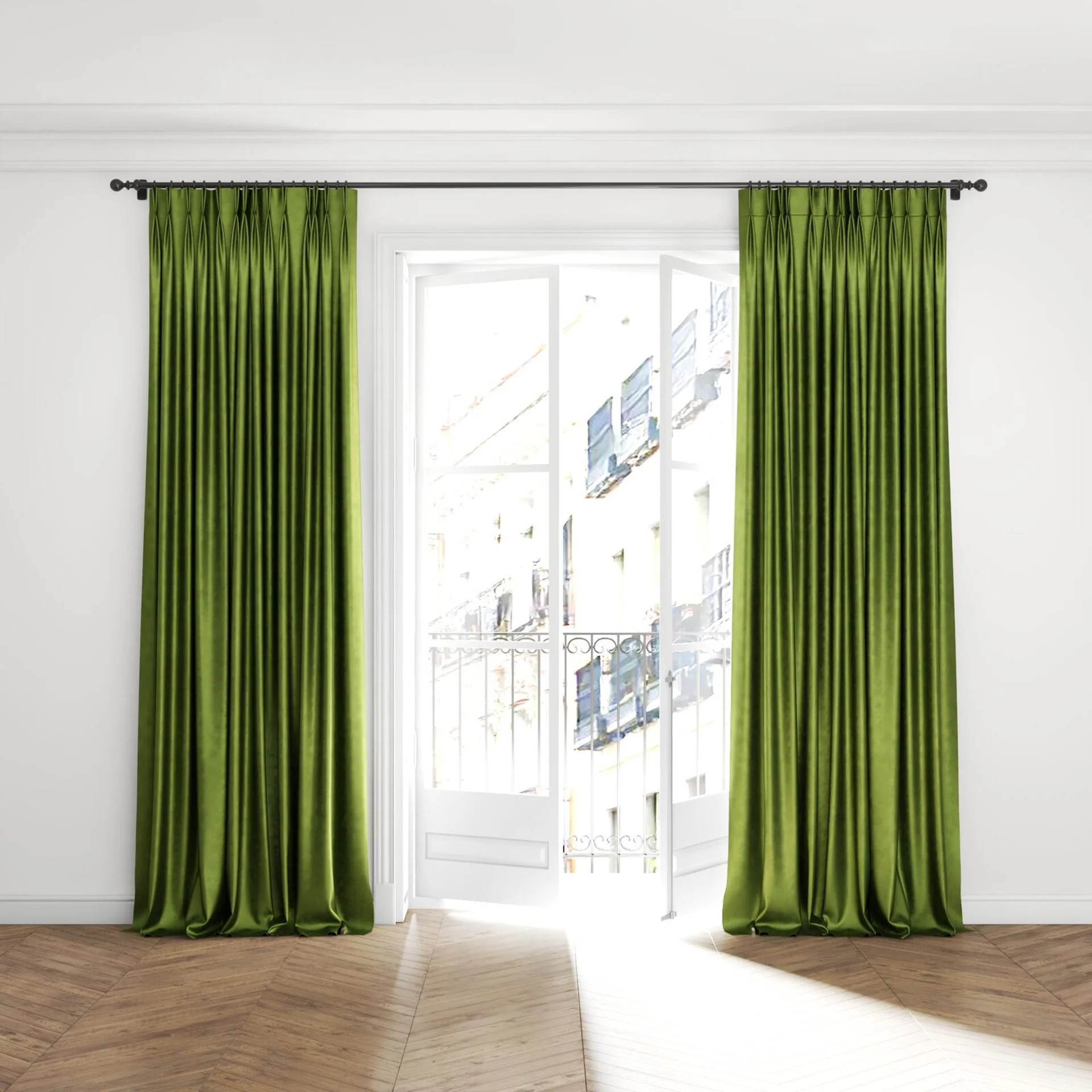 Full view of Fizz Cactus, puddled with pinch pleat, on curtain rod
