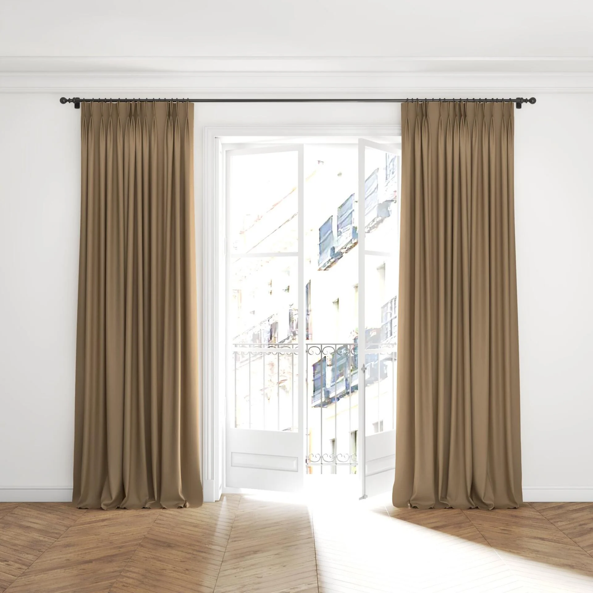 Full view of Eternal Buff, puddled with pinch pleat, on curtain rod