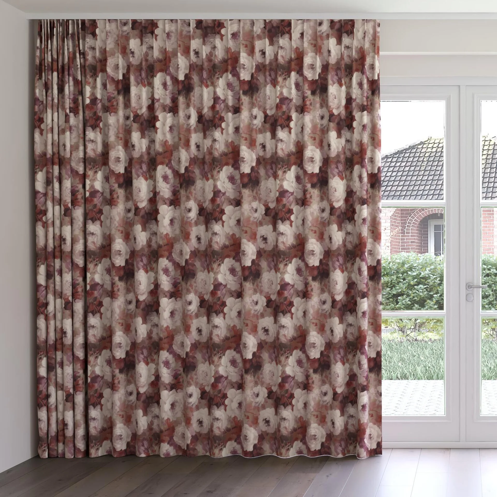 Front view of Victoria Garnet, on curtain rail