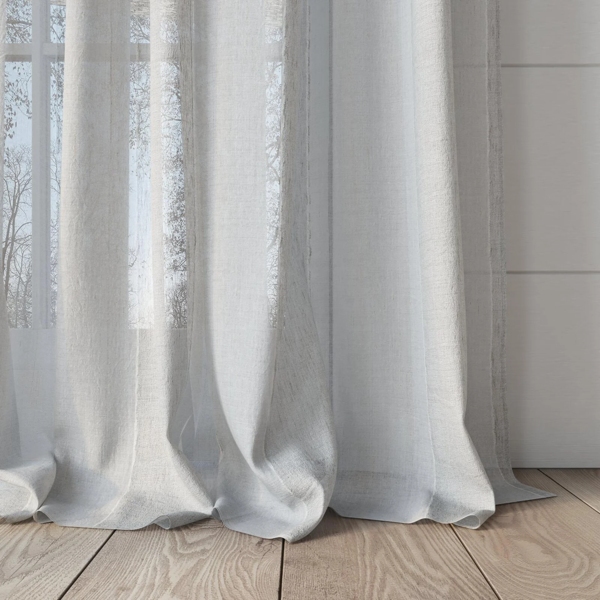 Bottom view of Zanella Vapour, puddled, on curtain rod