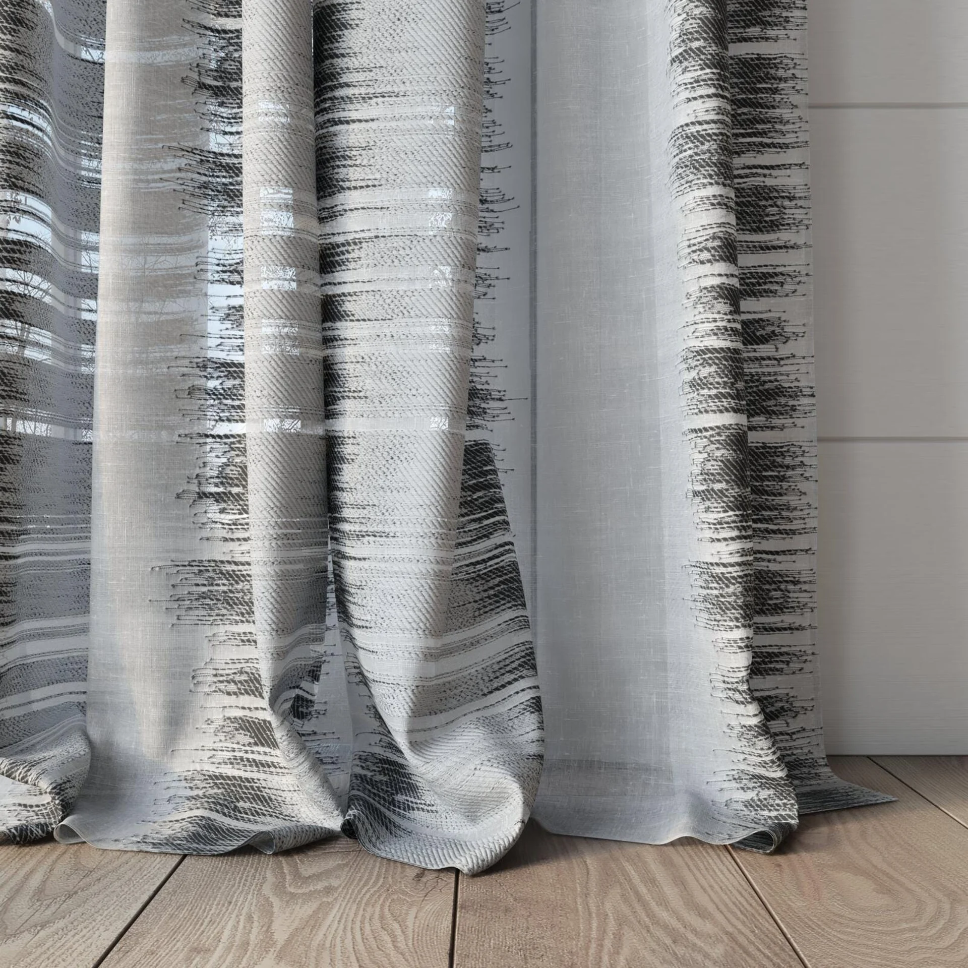 Bottom view of Exposure (JDG) Strata, puddled, on curtain rod