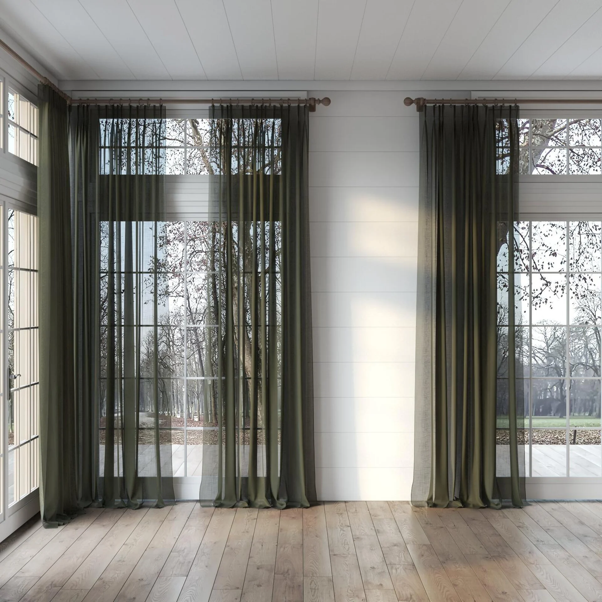 Full view of Kumo Recycled Moss, puddled, on curtain rod