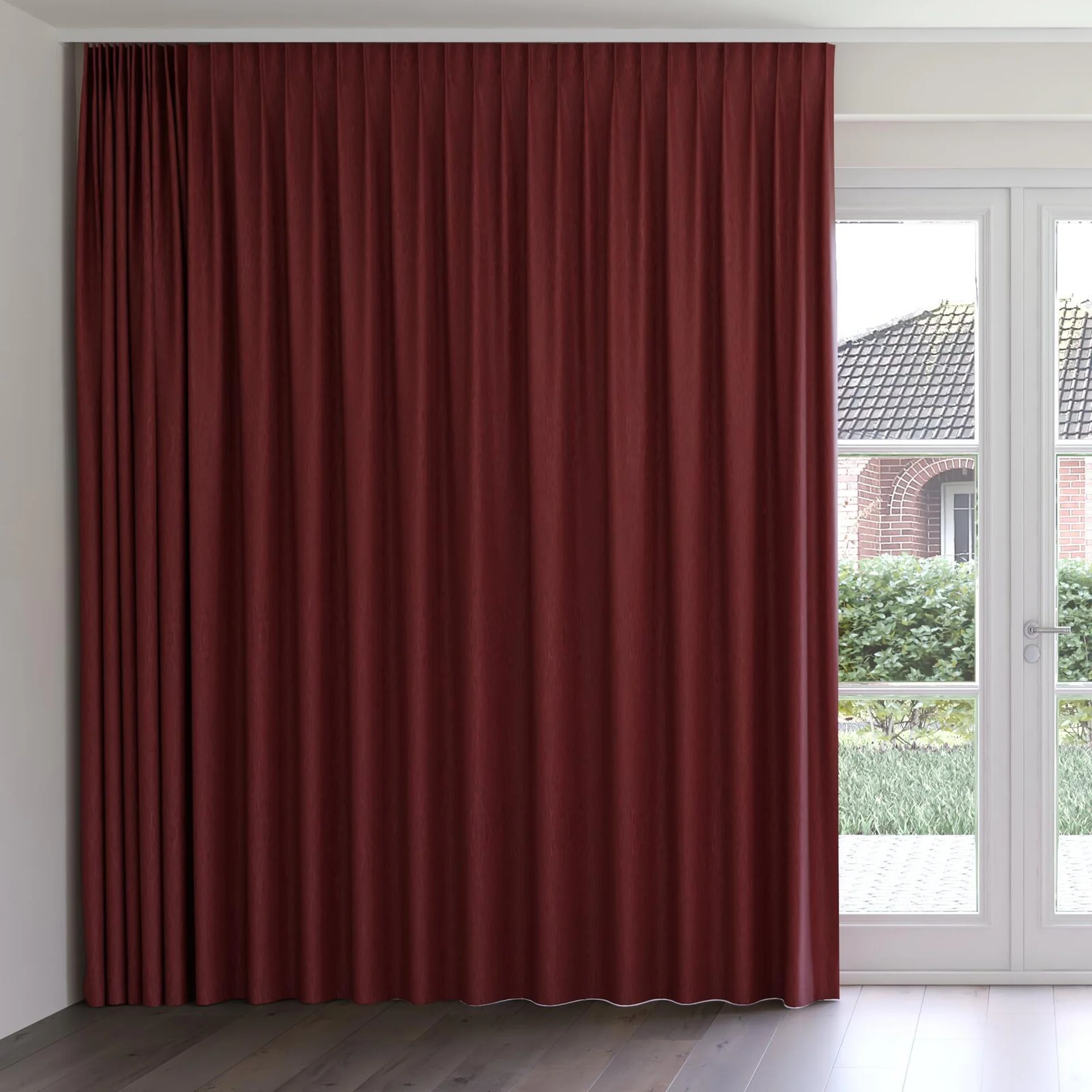 Front view of Tuxedo Raspberry, on curtain rail