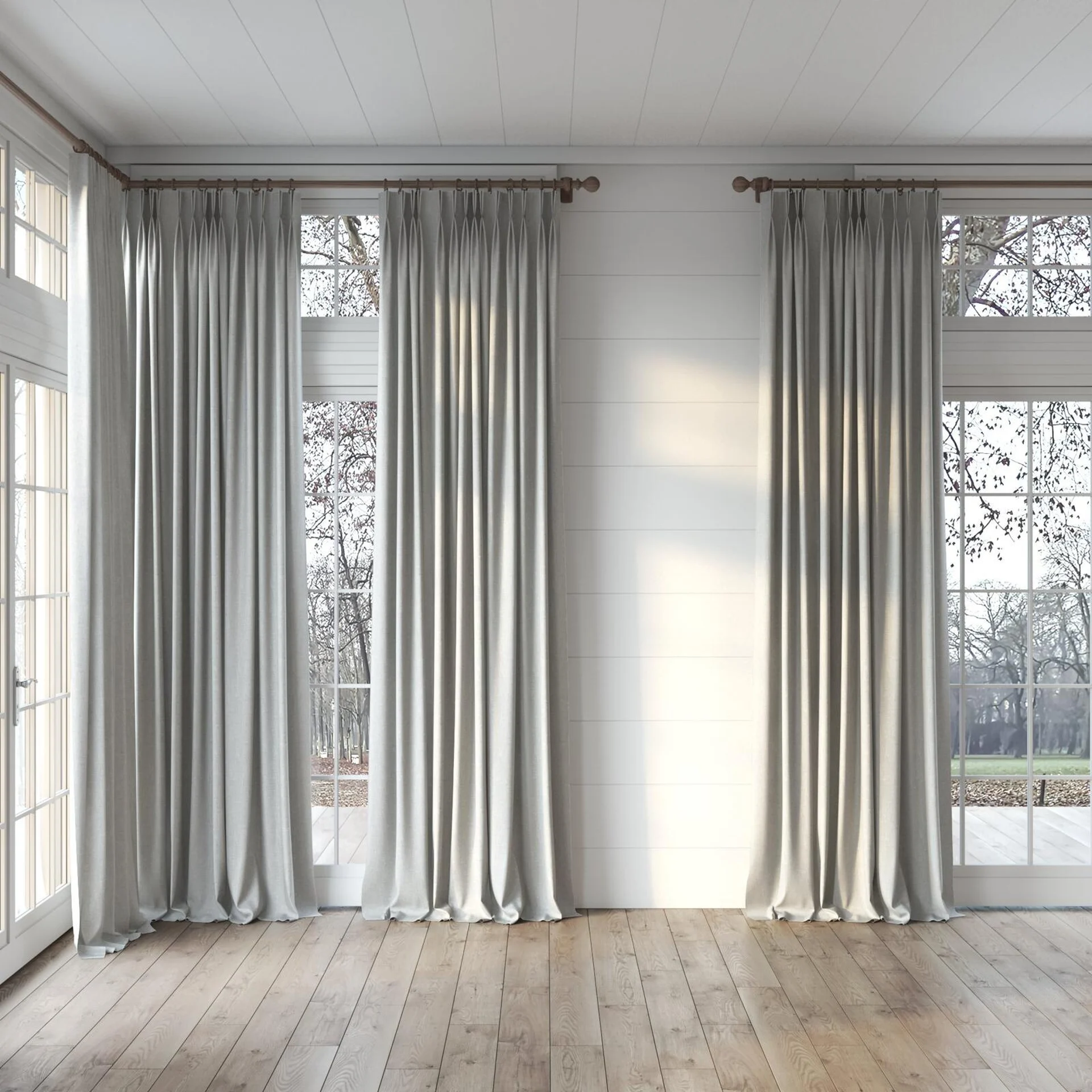 Full view of Retreat II Moonstone, puddled, on curtain rod