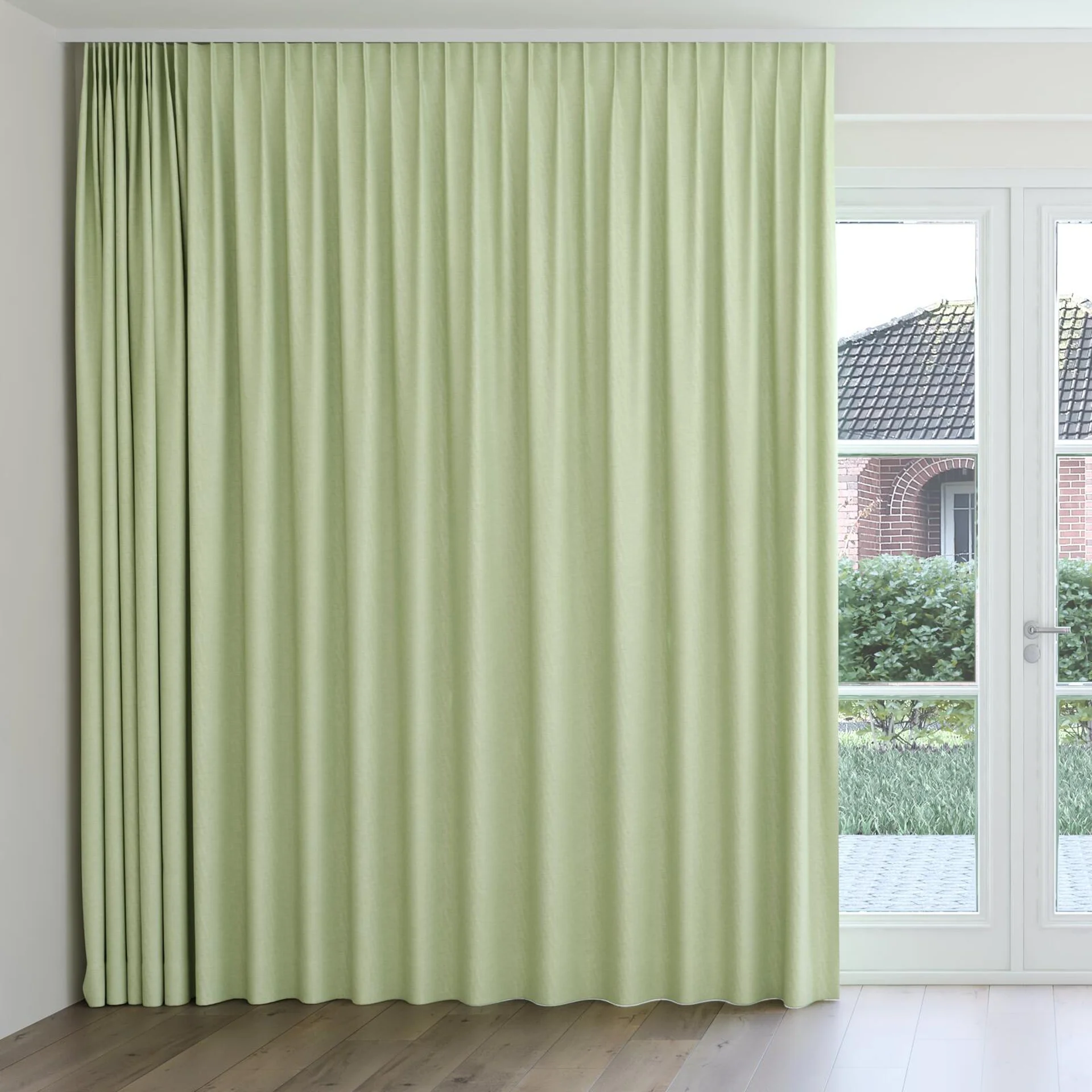 Front view of Casual Sage, on curtain rail