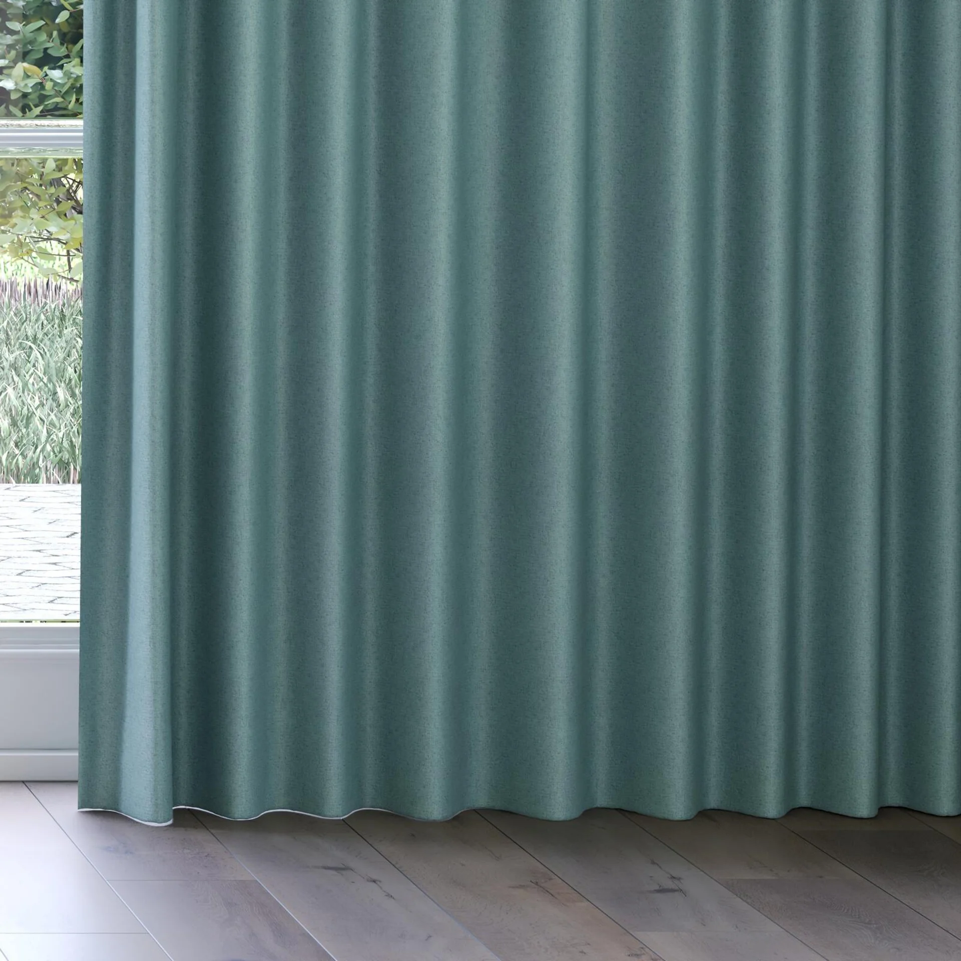 Bottom view of Liberate Turquoise, on curtain rail