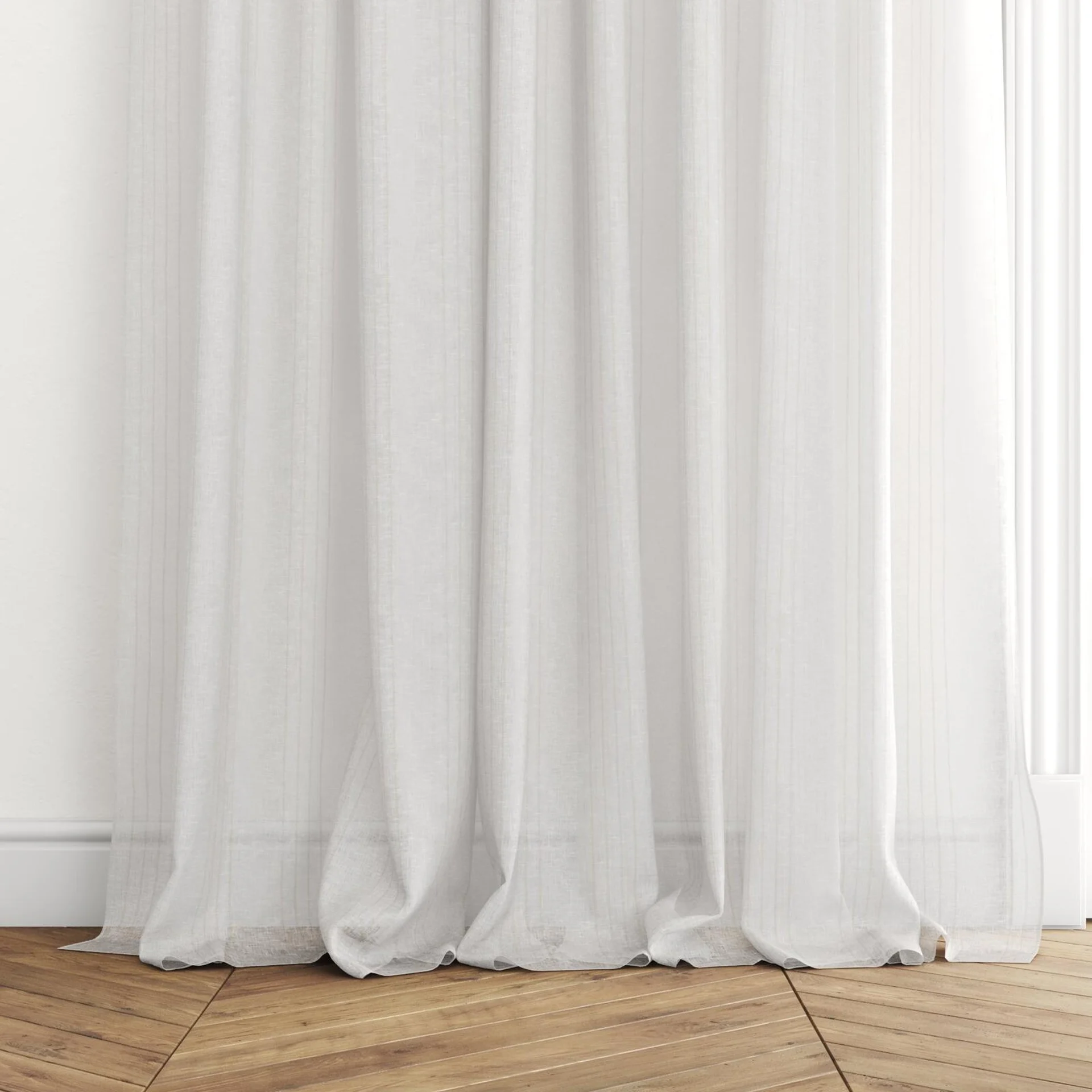 Bottom view of Proust Sand, puddled with pinch pleat, on curtain rod