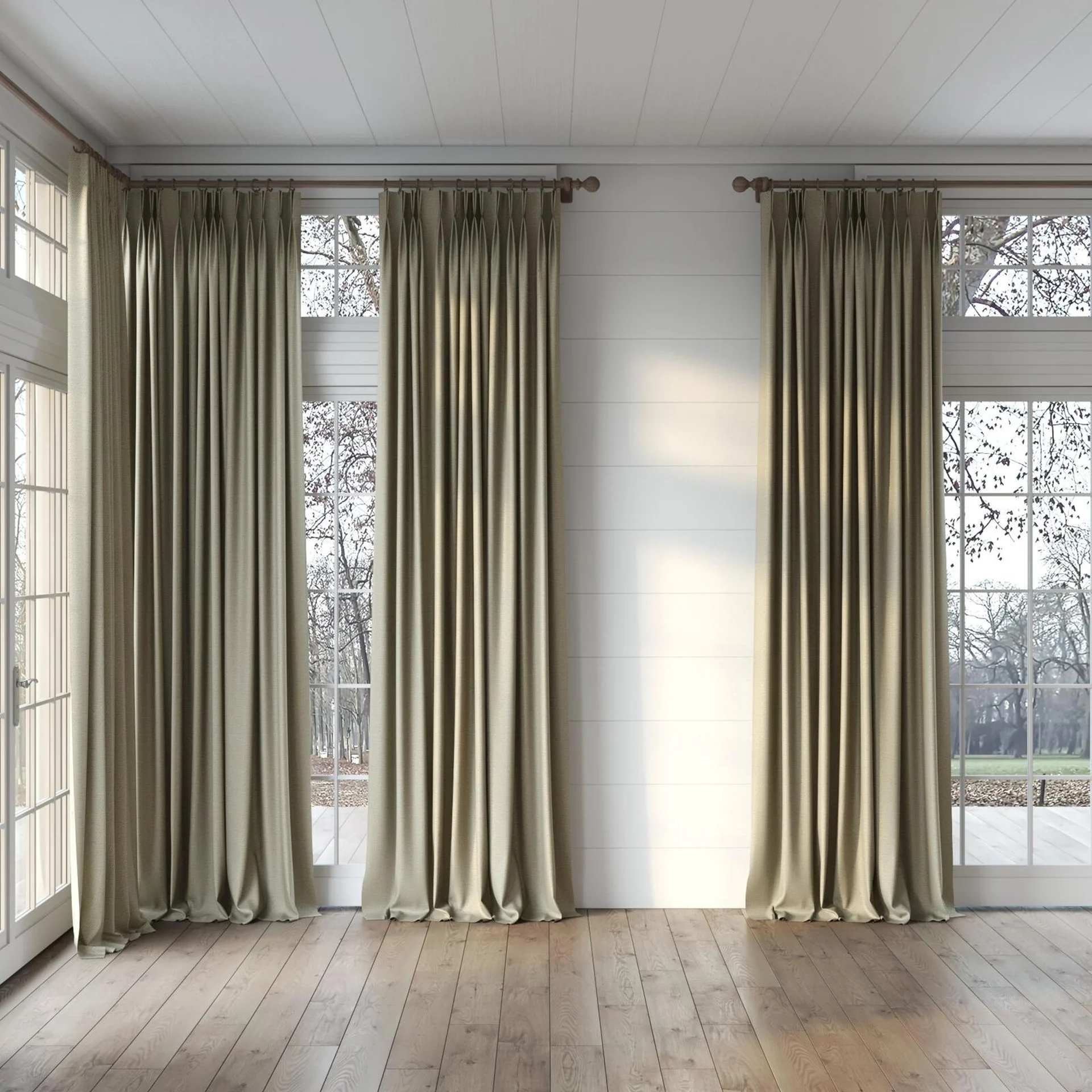 Full view of Kaomoji Camouflage, puddled, on curtain rod