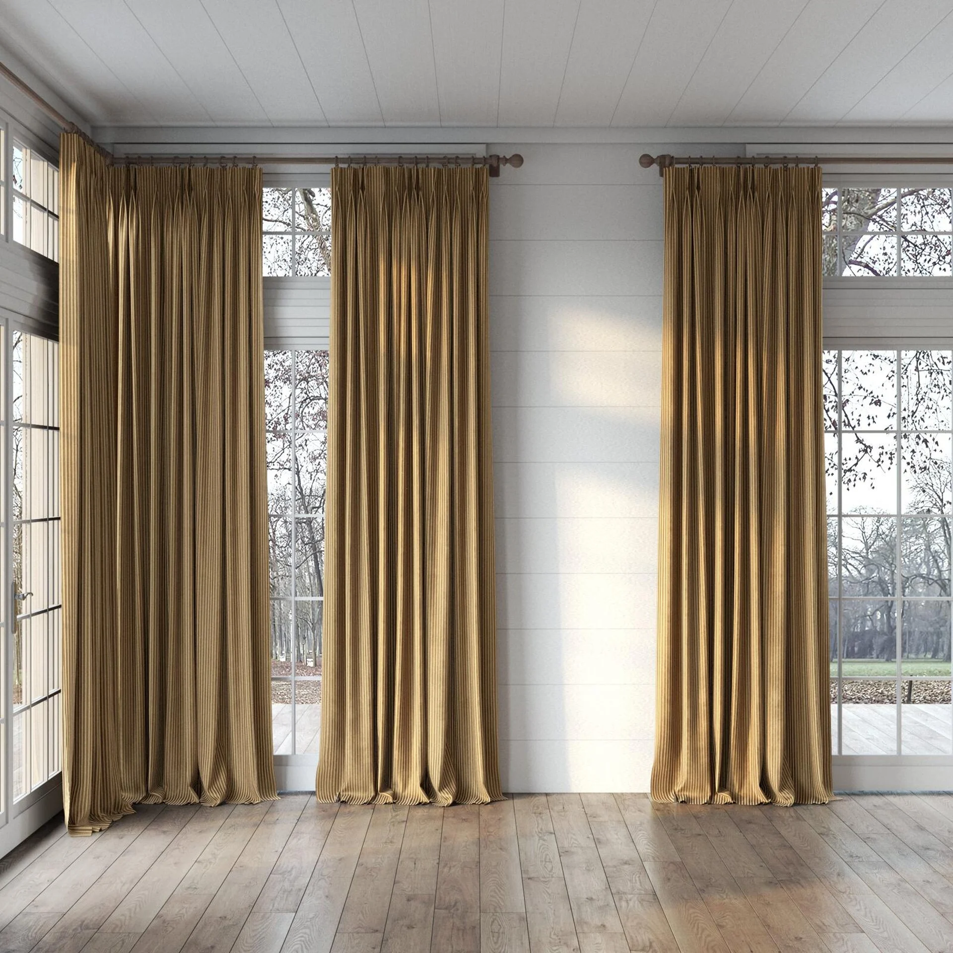 Full view of Embrace Pecan, puddled, on curtain rod
