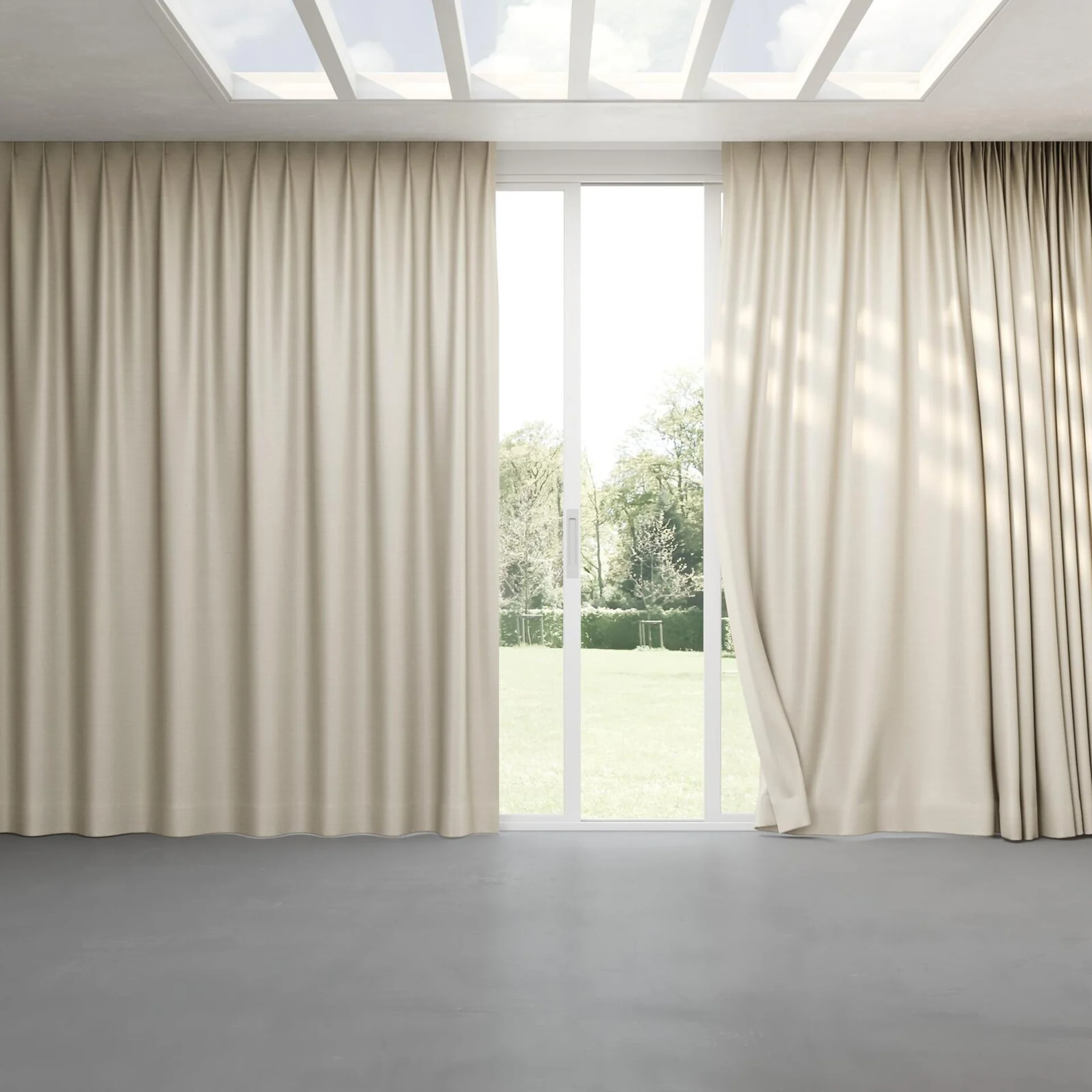 Full view of Silky Cement, pinch pleat