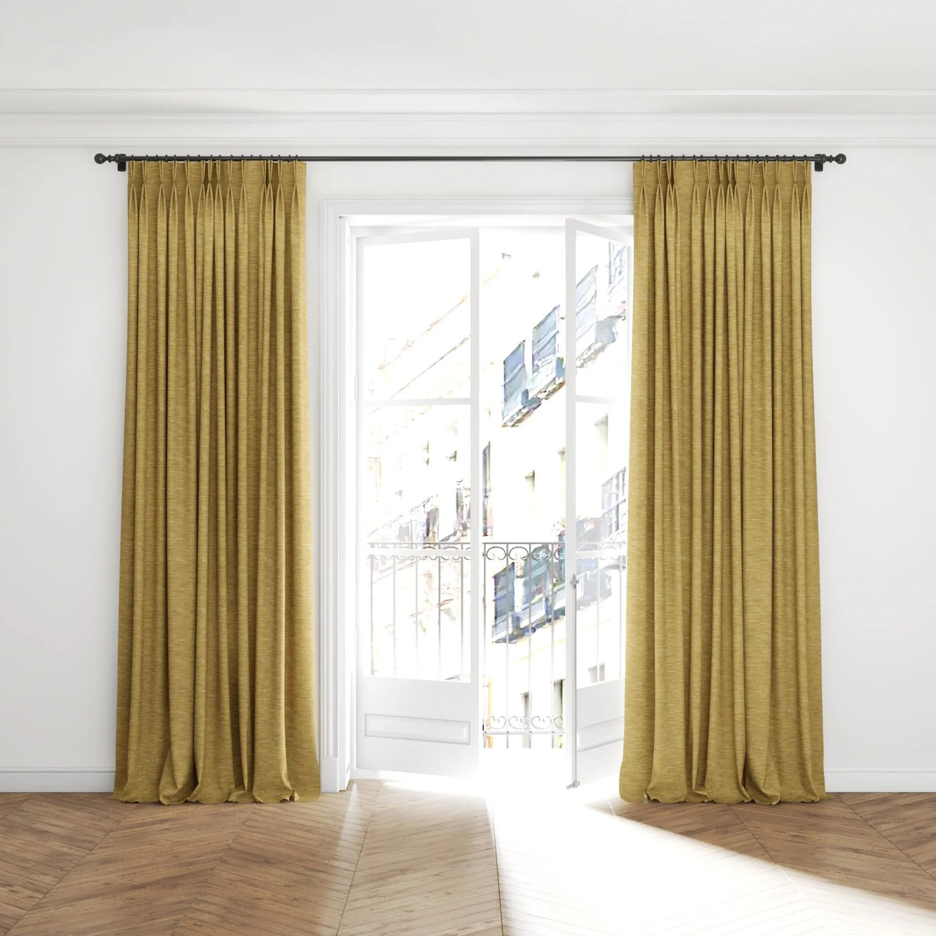 Full view of Venus Dijon, puddled with pinch pleat, on curtain rod