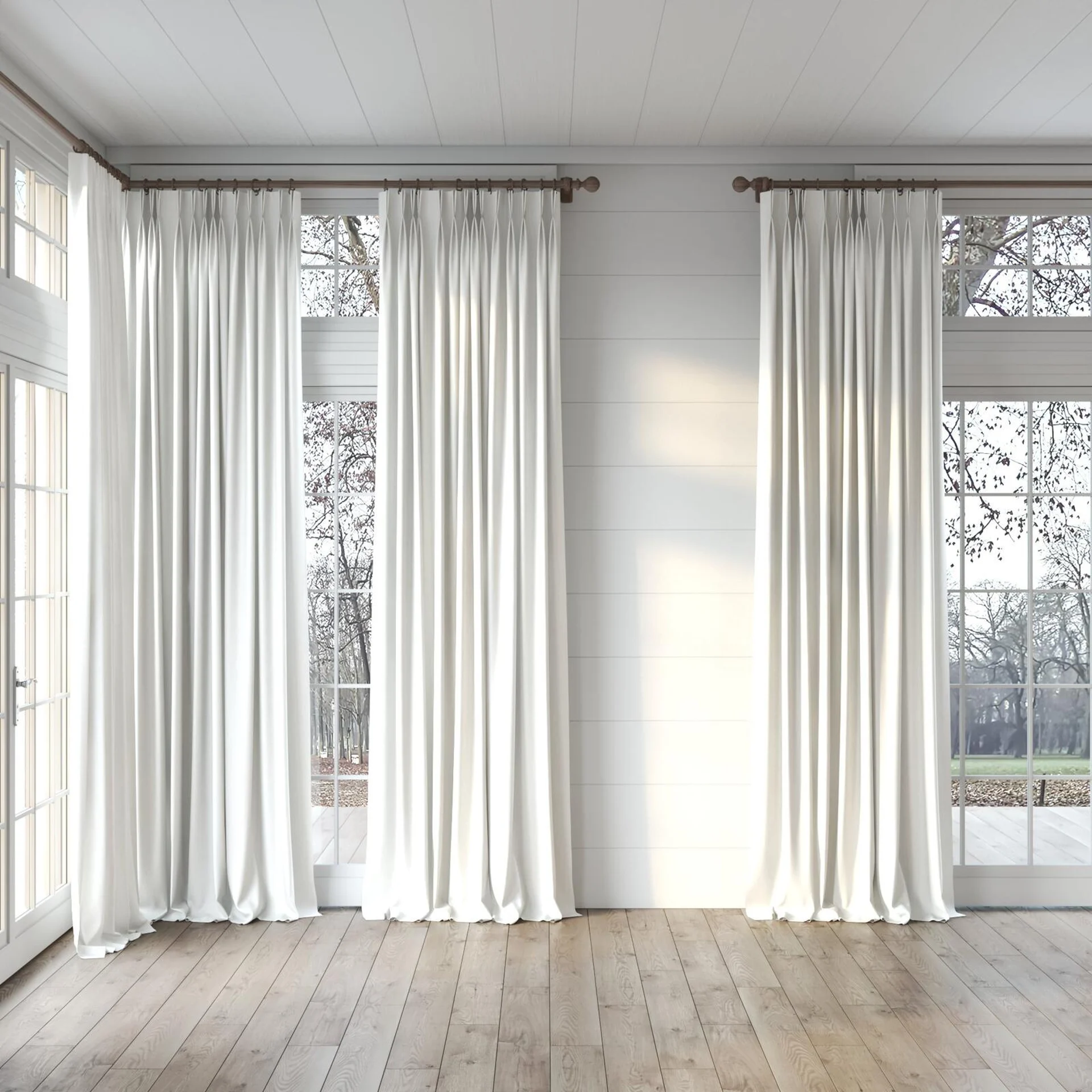 Full view of Cordoba Ivory, puddled, on curtain rod