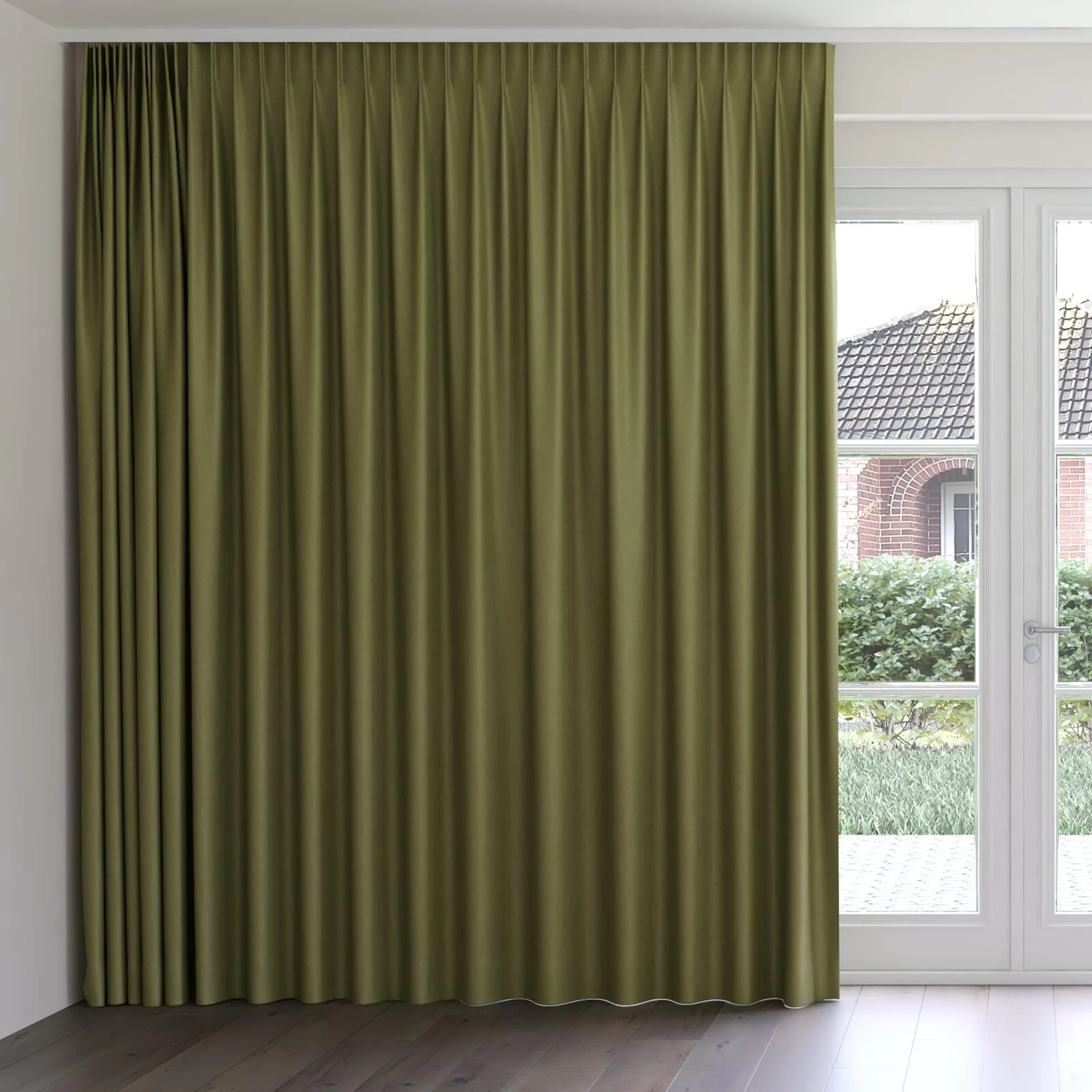 Front view of Woolly/Woolen Olive, on curtain rail
