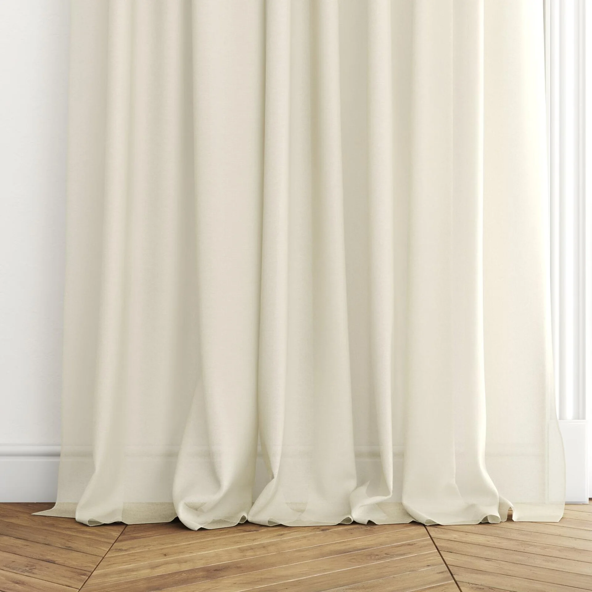 Bottom view of Alcova Sun, puddled with pinch pleat, on curtain rod