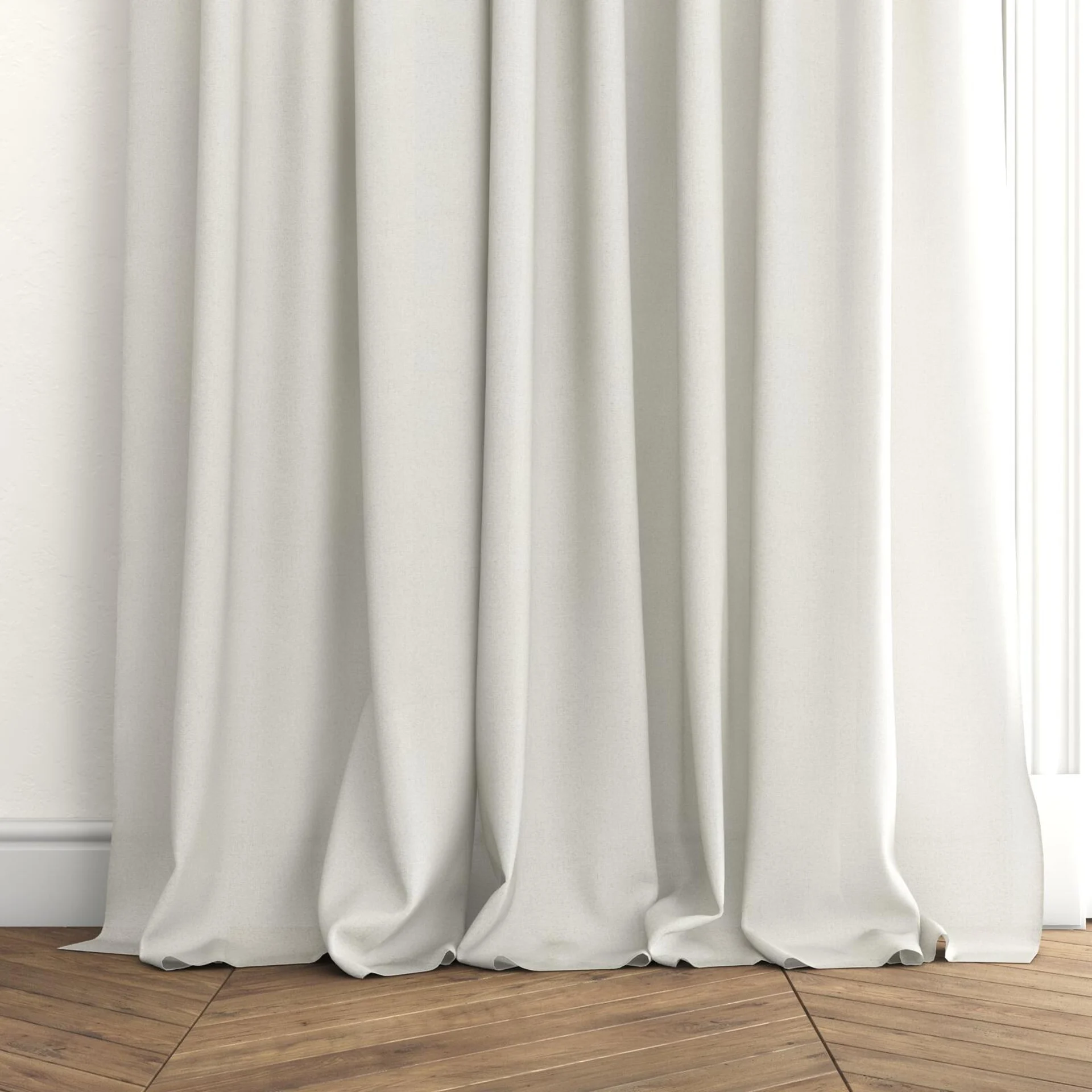 Bottom view of Rava Pearl, puddled with pinch pleat, on curtain rod