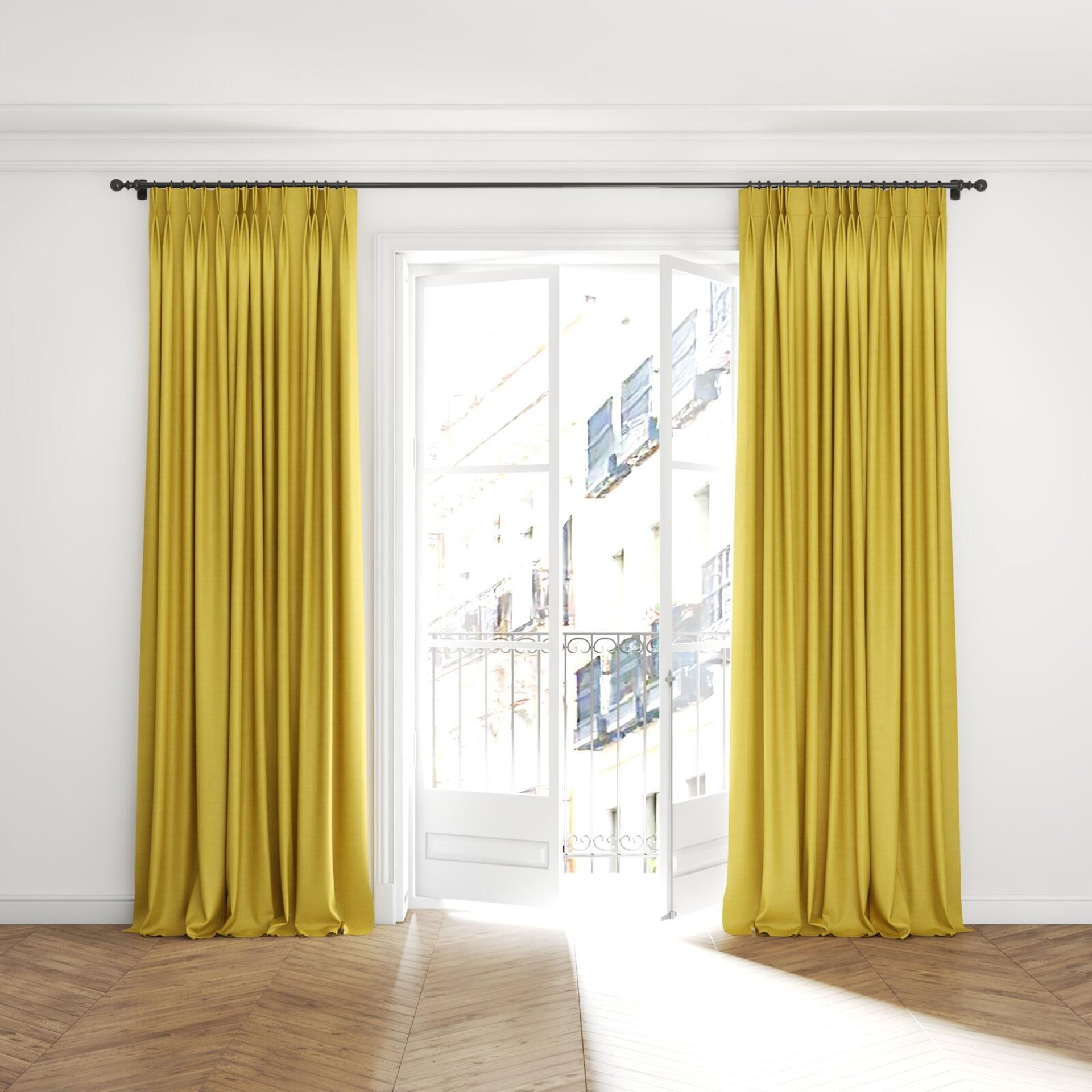 Full view of Keystone Sun, puddled with pinch pleat, on curtain rod