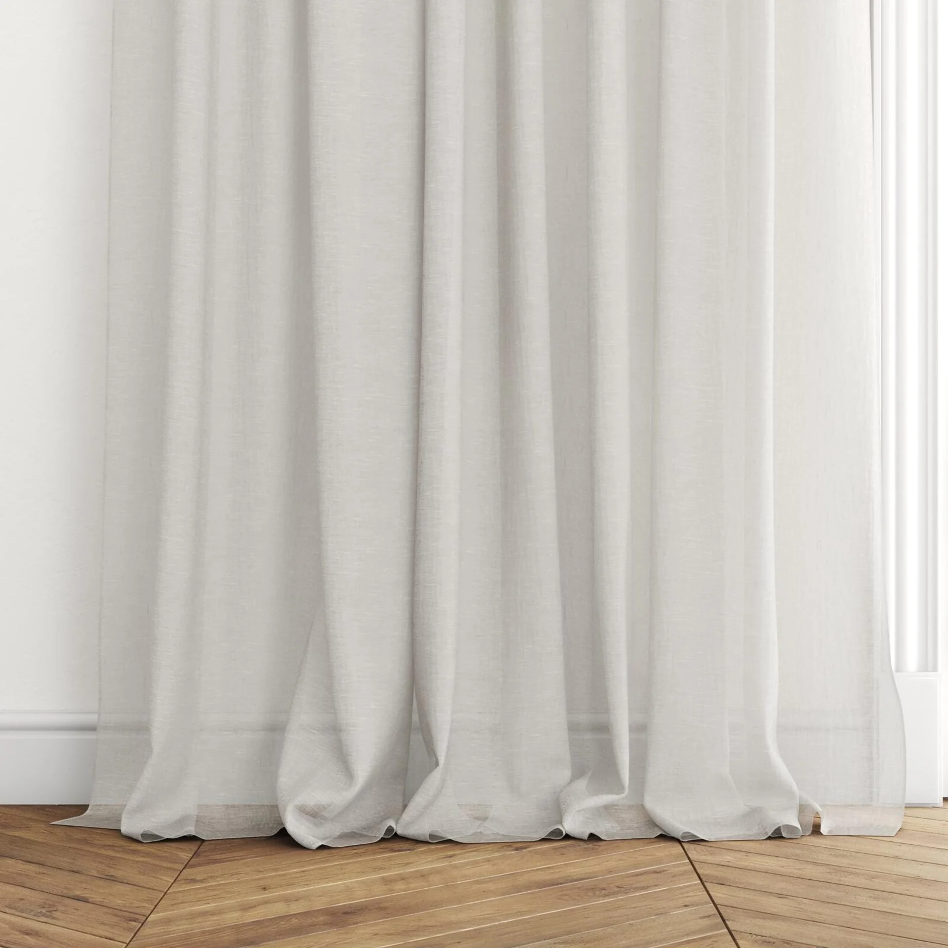 Bottom view of Lino Cloud, puddled with pinch pleat, on curtain rod