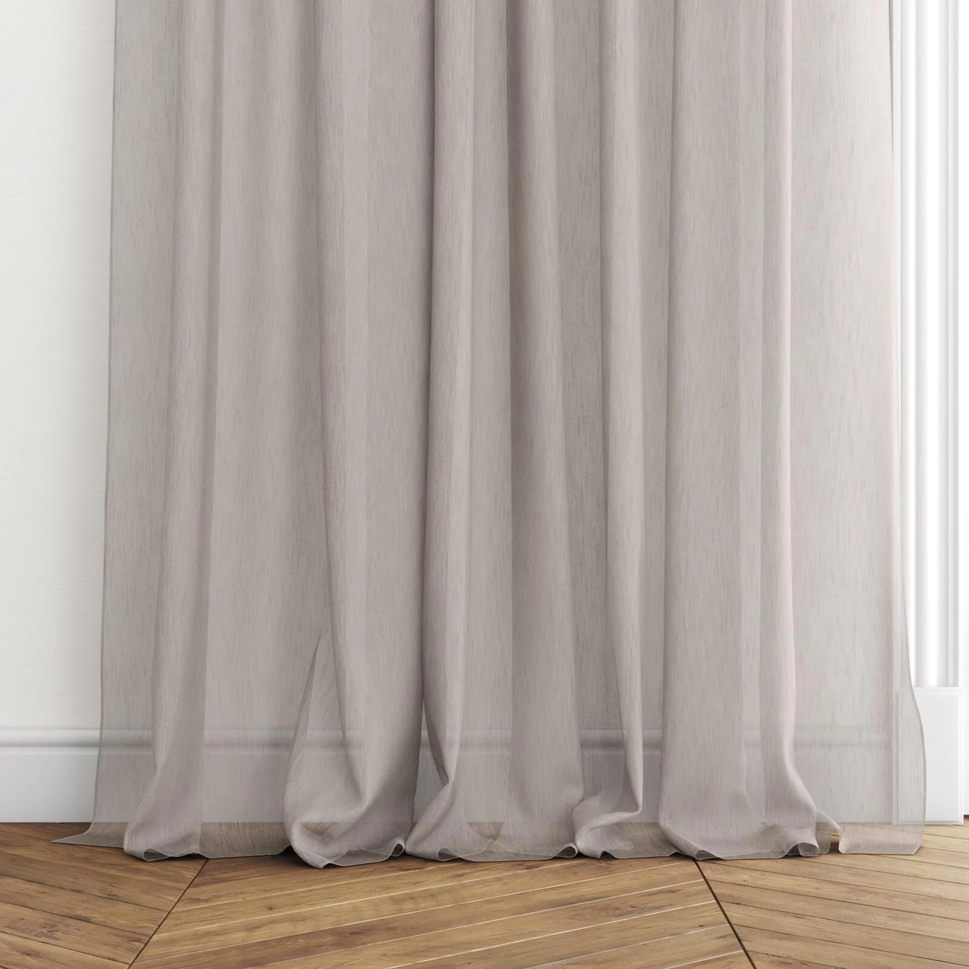 Bottom view of Stratus Farrow, puddled with pinch pleat, on curtain rod
