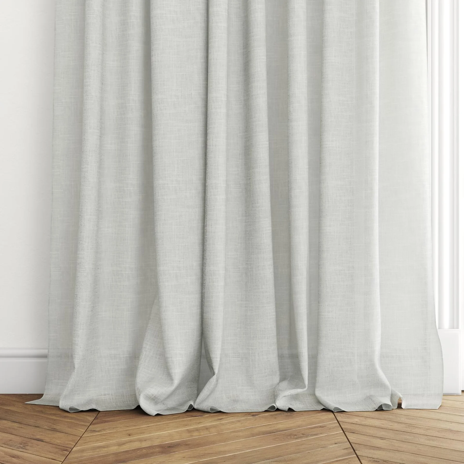 Bottom view of Uno Snow, puddled with pinch pleat, on curtain rod