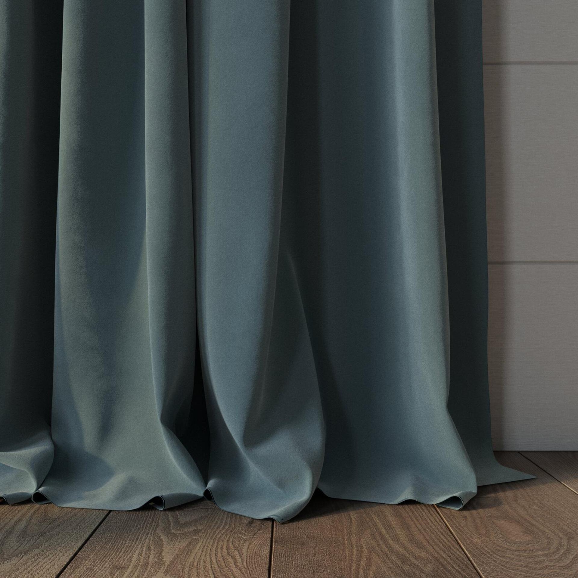 Bottom view of Verbier Aqua, puddled, on curtain rod