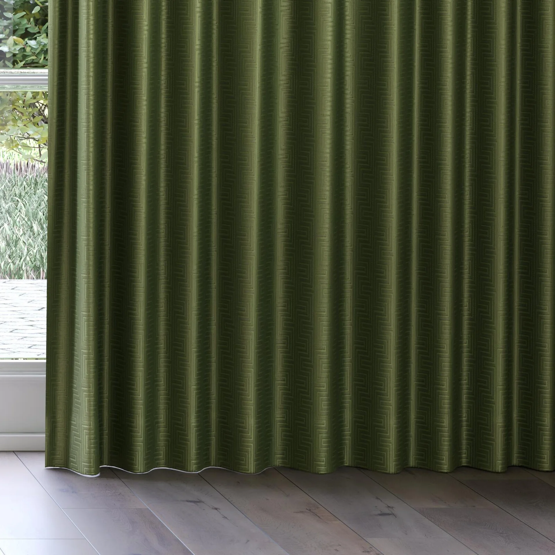 Bottom view of Remain Olive, on curtain rail
