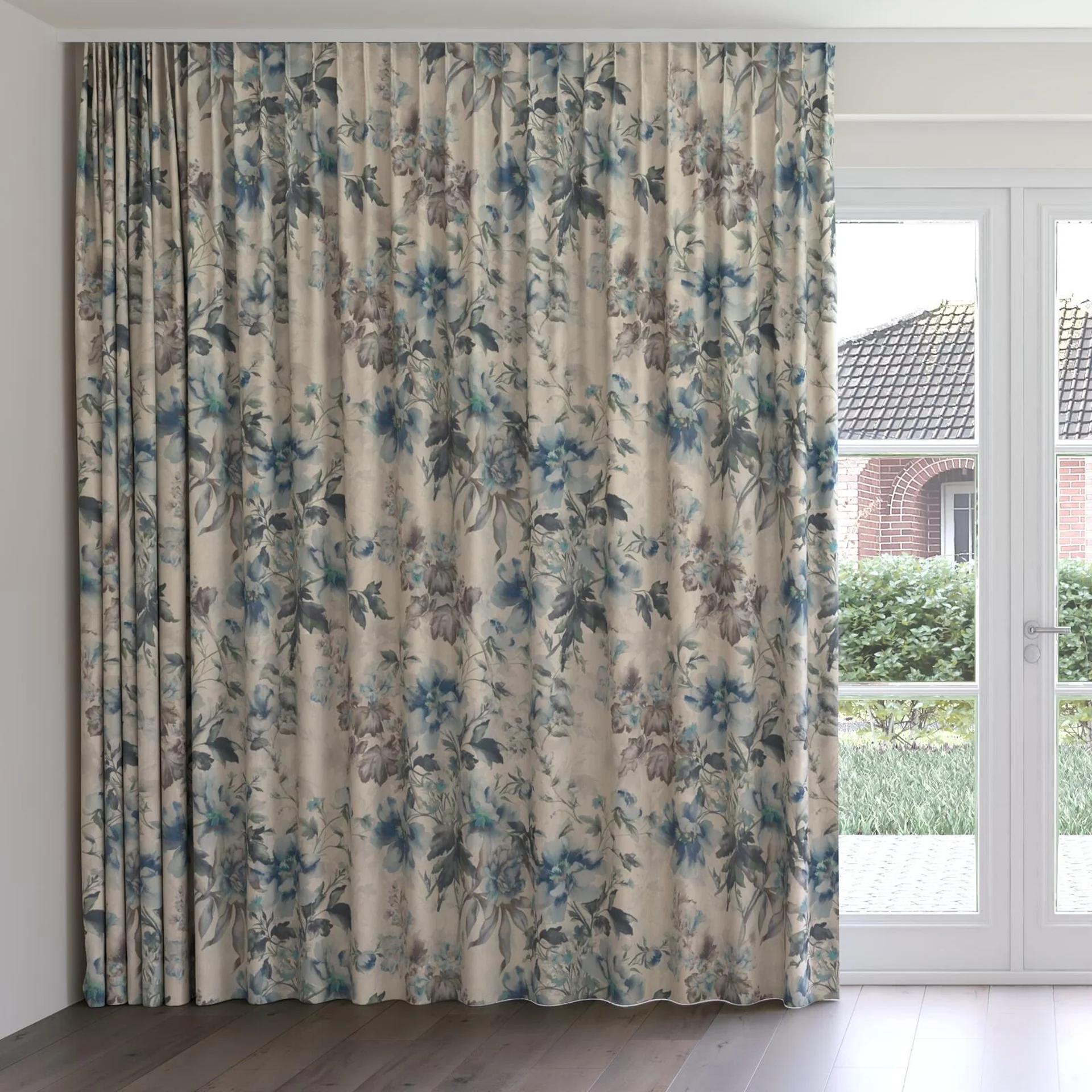 Front view of Leila Indigo, on curtain rail