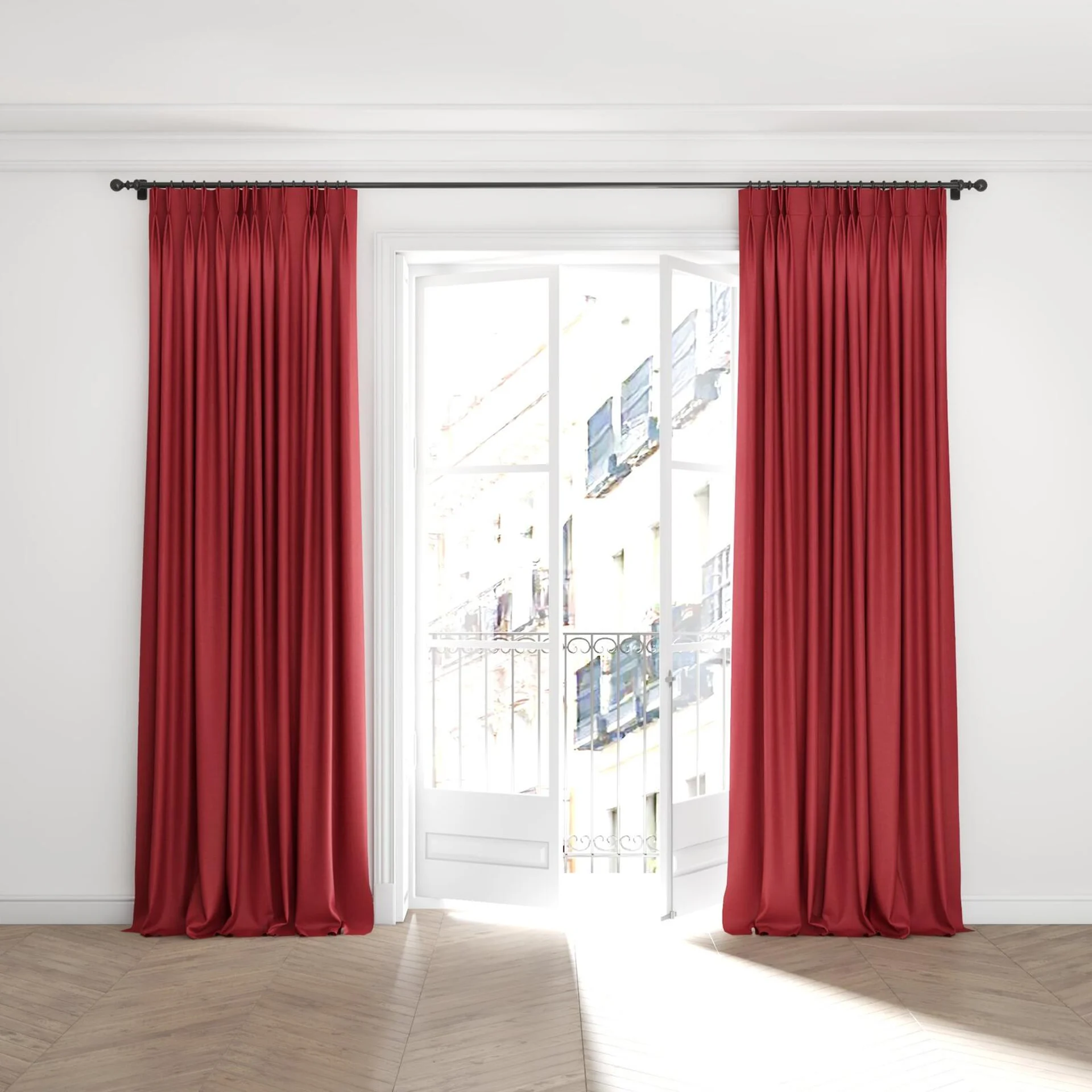 Full view of Casual Passion, puddled with pinch pleat, on curtain rod
